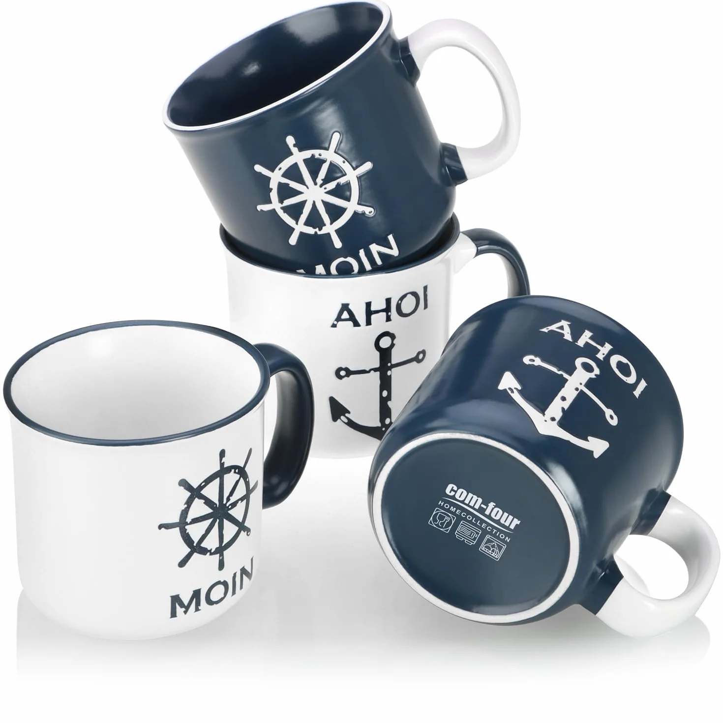 com-four 4 x ceramiczny kubek do kawy XL – kubki do picia 450 ml – morskie filiżanki do kawy do domu i biura – kubek do kawy na zimne i gorące napoje (4 sztuki – białe/niebieskie)