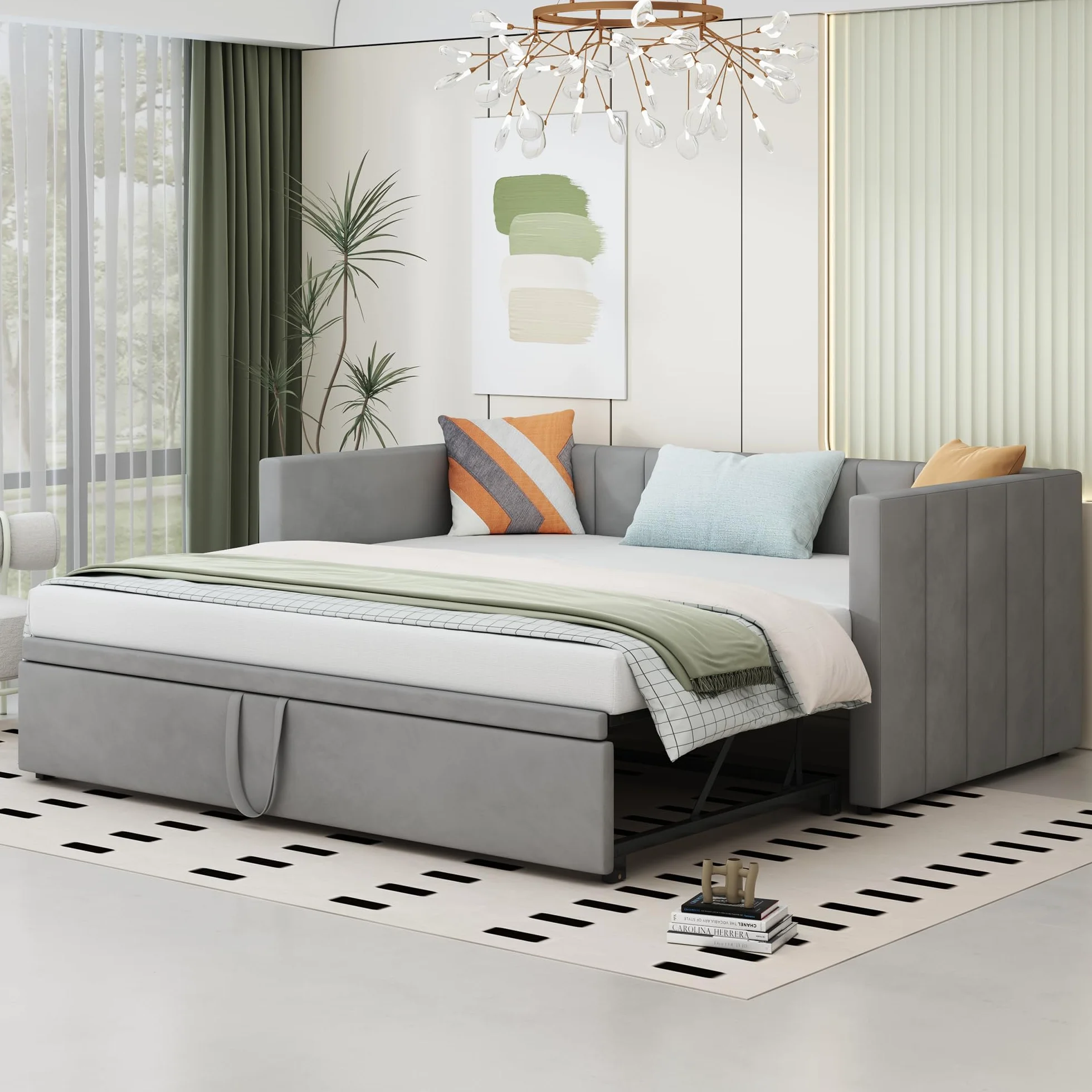 YESGIGA Łóżko tapicerowane, rozkładana sofa do spania 90/180 x 200 cm ze stelażem, łóżko wielofunkcyjne z przyjaznego dla skóry aksamitu (jasnoszare)