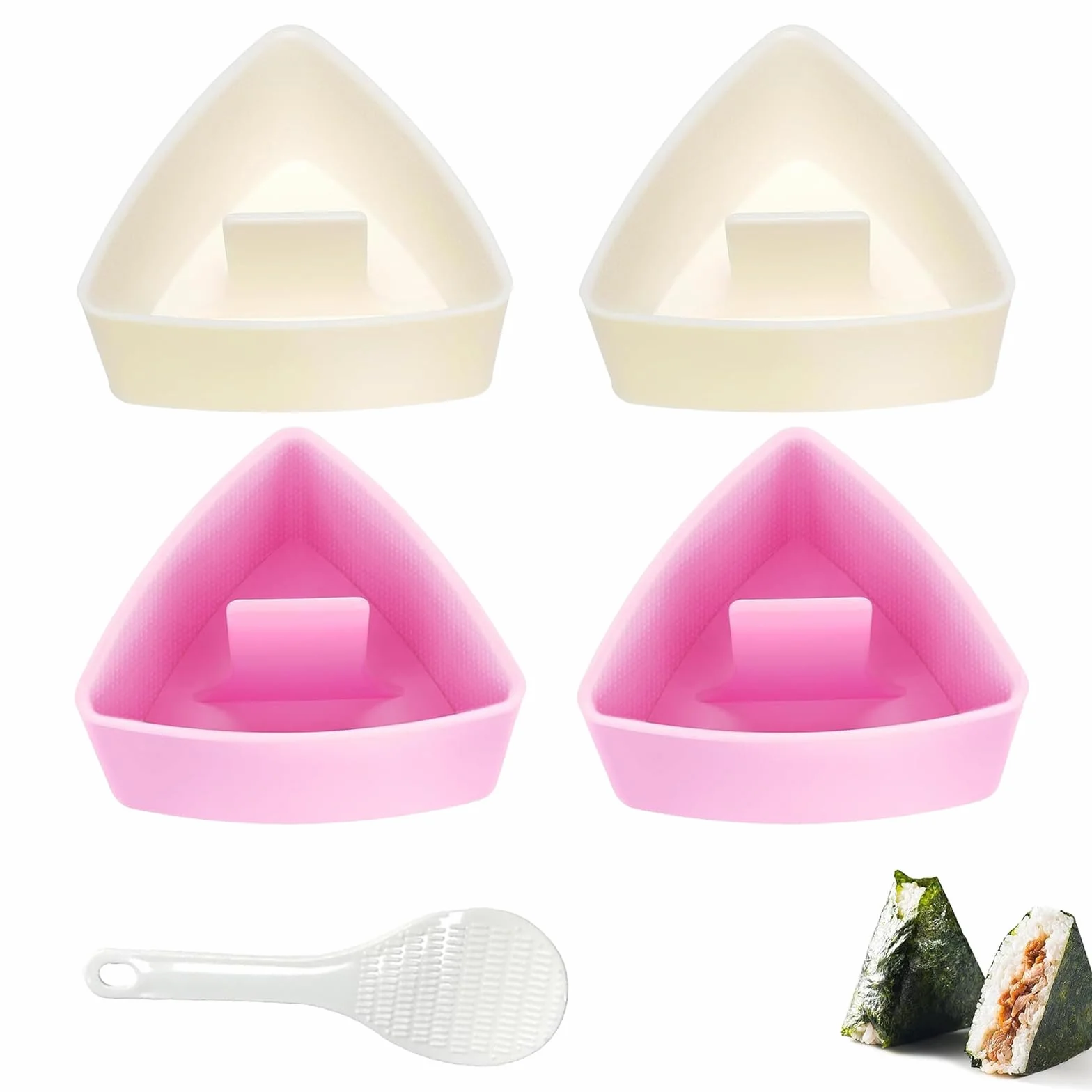 Foremki Onigiri, 4 sztuki, zestaw z łyżeczkami do ryżu, trójkąt, do sushi, trójkątne formy do sushi, kul ryżowych, do restauracji, kuchni rodzinnej