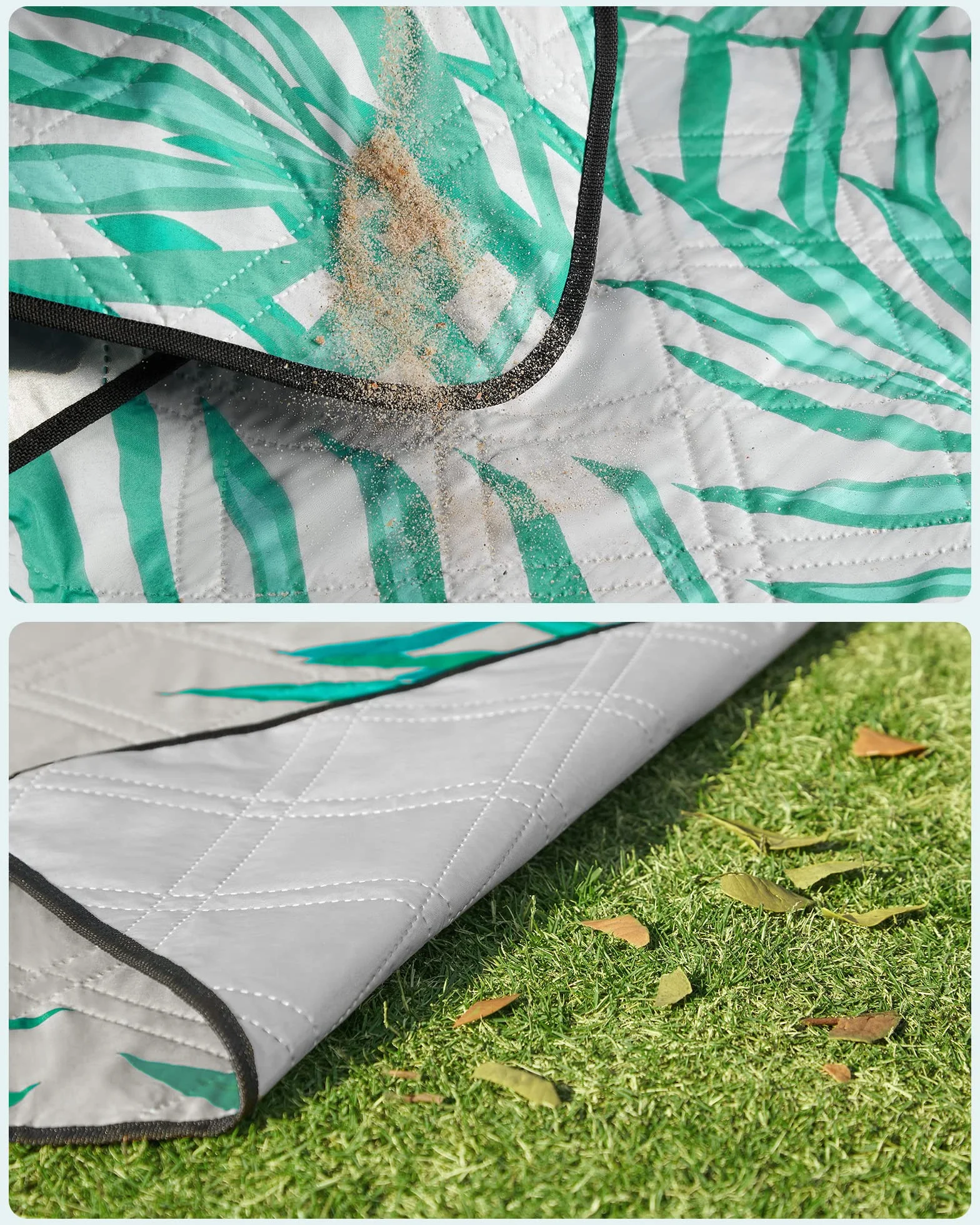 SONGMICS Koc piknikowy, 300 x 200 cm, duży, koc kempingowy, do parku, ogrodu, na plażę, wodoodporny, można prać w pralce, składany, szary z tropikalną paprocią GCM100G02