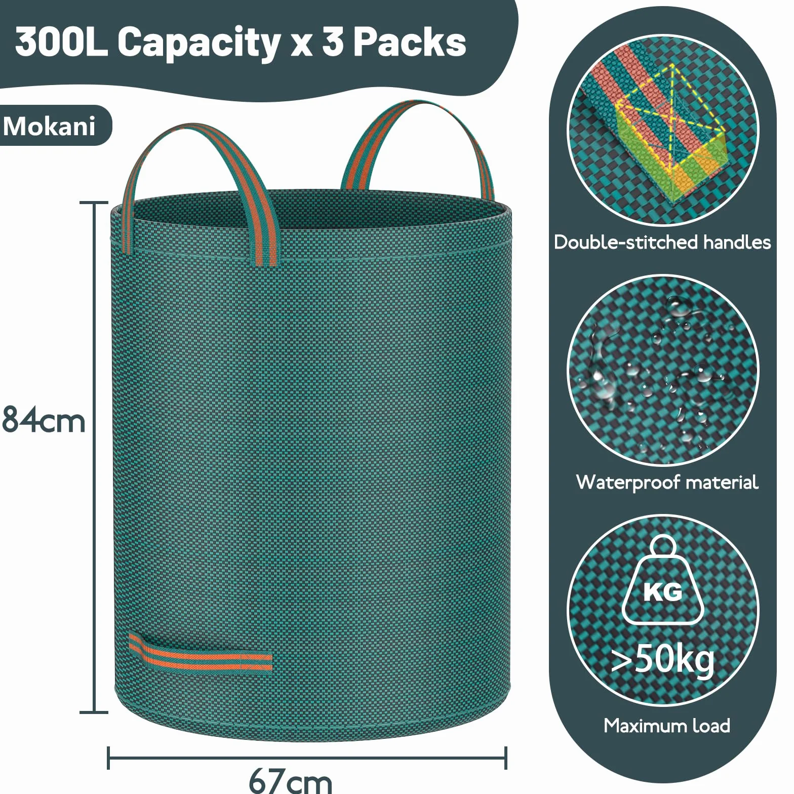 Mokani Worki na odpady ogrodowe, wytrzymałe, z uchwytami, 300 l x 3, wielokrotnego użytku, składane, kempingowe, do recyklingu, na liście, śmieci, gruz