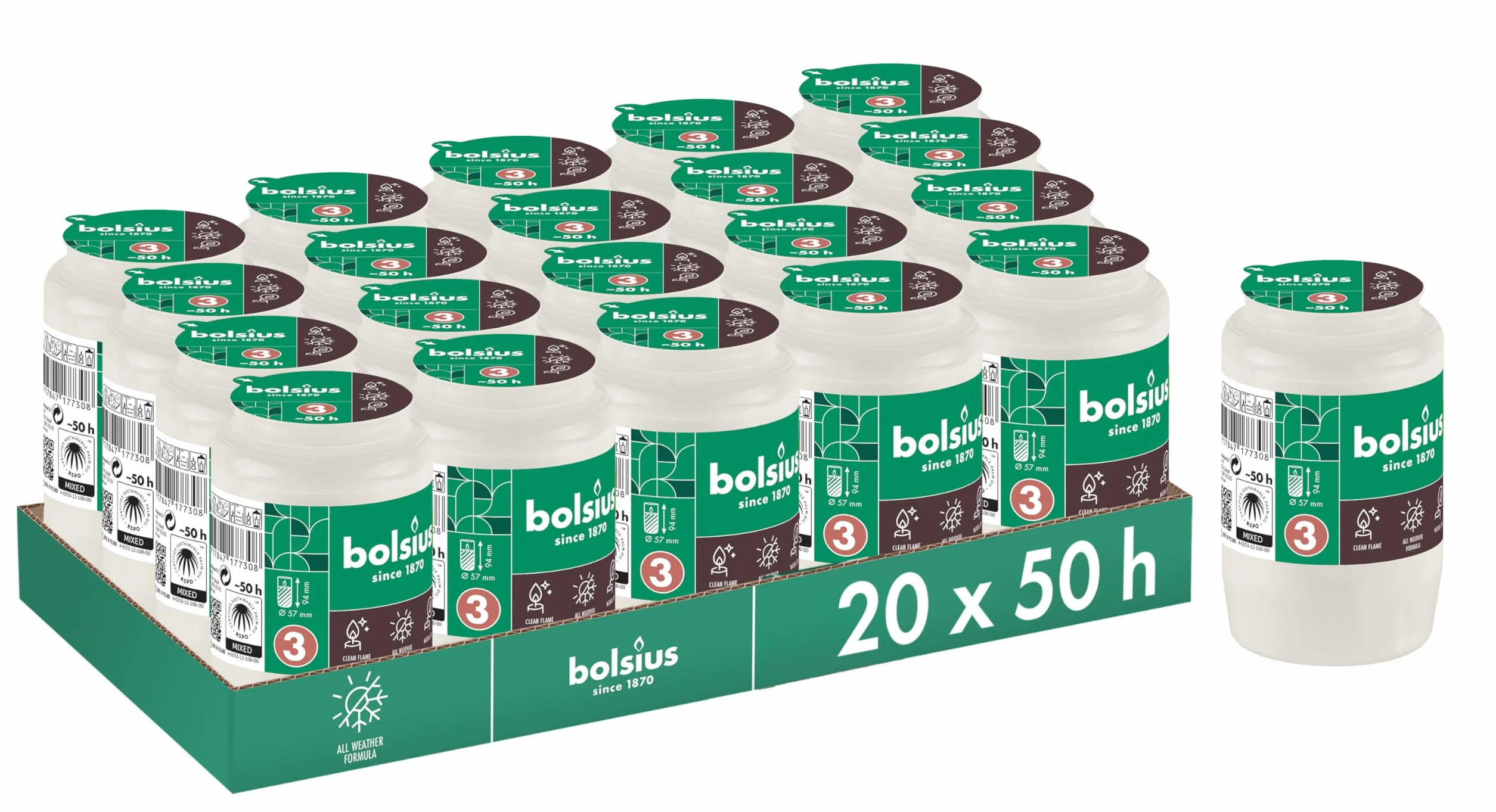 Bolsius Znicz – biały – 20 szt. – długość czasu palenia 3 dni – świeca żałobna i świece pamiątkowe – czyste spalanie – bez oleju palmowego