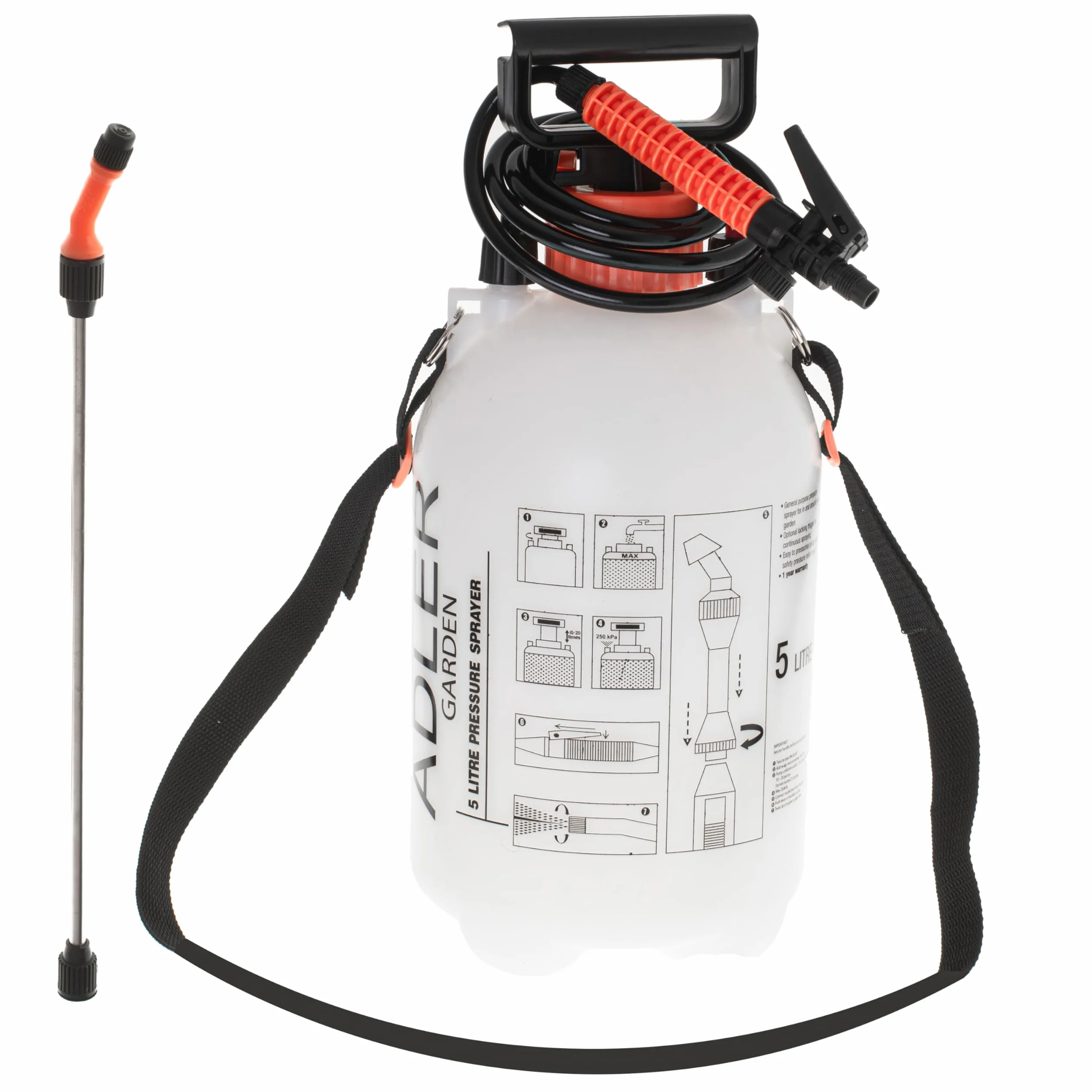 ADLER EUROPE - Opryskiwacz ciśnieniowy, opryskiwacz ogrodowy 5L, ciśnienie robocze 2,5 bara, dł. lancy 43 cm, wąż 130 cm, zawór bezpieczeństwa, funkcja pracy ciągłej, pasek na ramię, PP/PE, AD6806