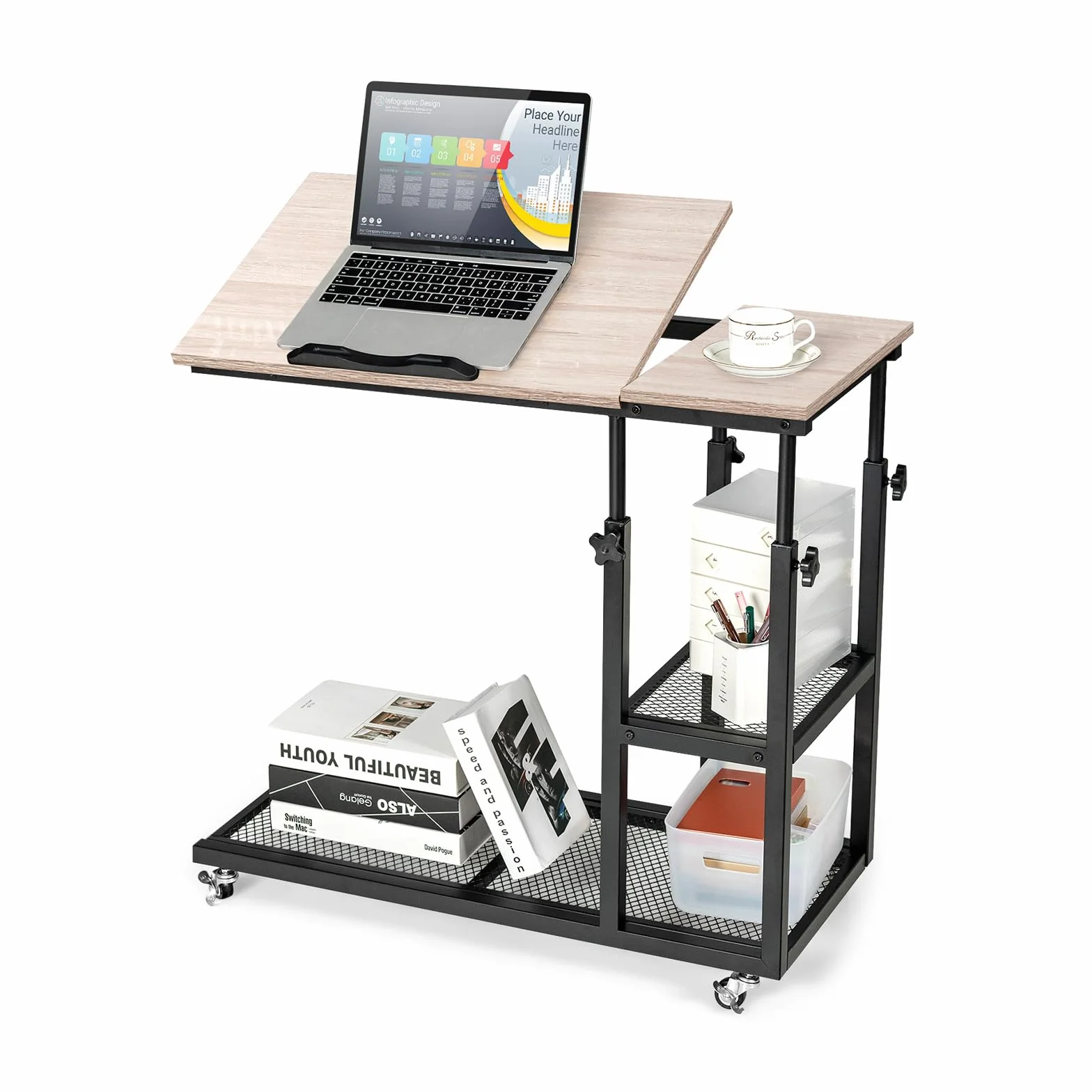 LIFEZEAL Mobilny stolik pod laptopa, biurko z regulacją wysokości, stolik pomocniczy z regulowanym blatem i kółkami z hamulcami, biurko stojące w kształcie litery C do salonu, gabinetu i biura