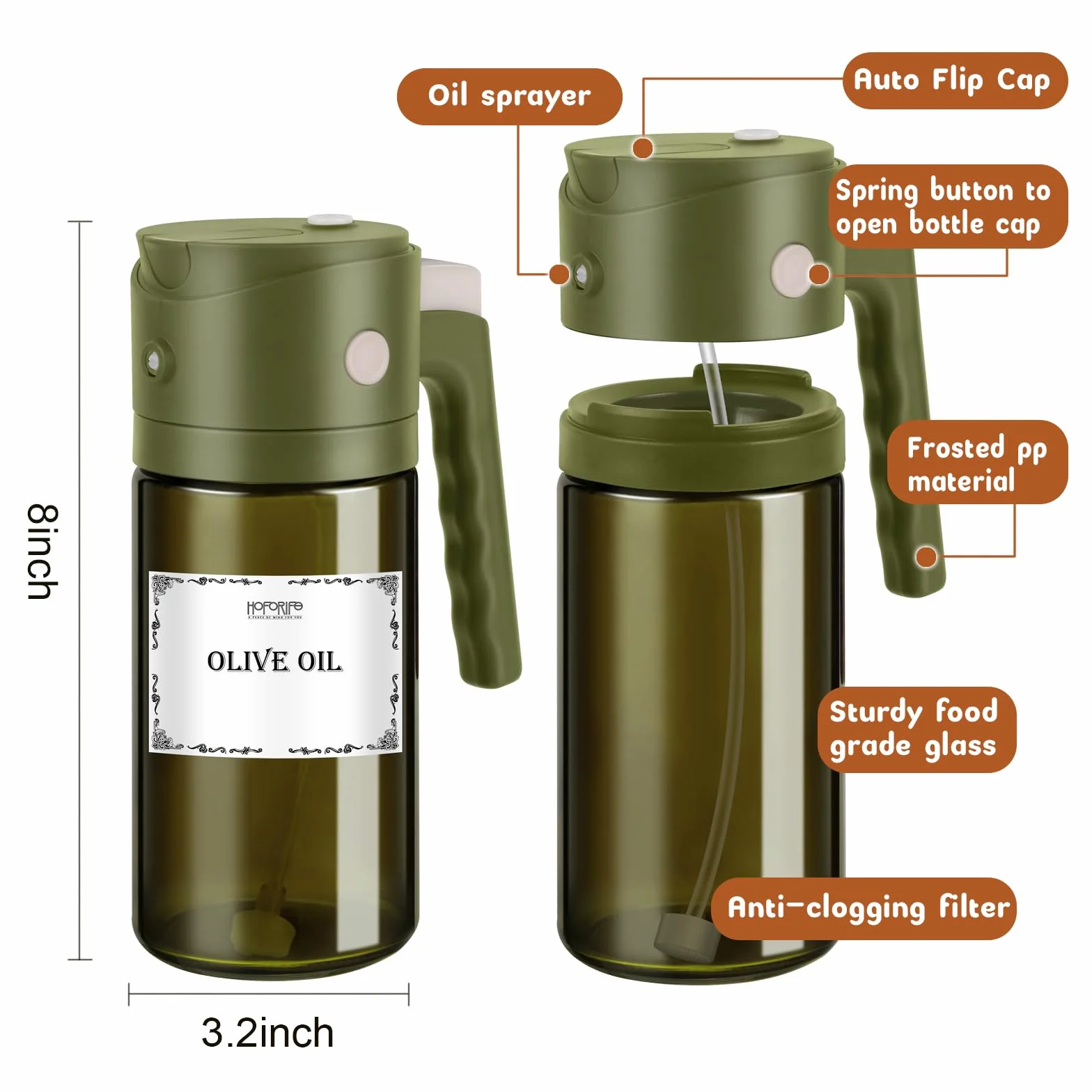 550 ml, szklany dozownik oliwy z oliwek i spryskiwacz 2 w 1, do gotowania w kuchni, butelka z dozownikiem oliwy z oliwek, automatyczne otwieranie (blokada światła)