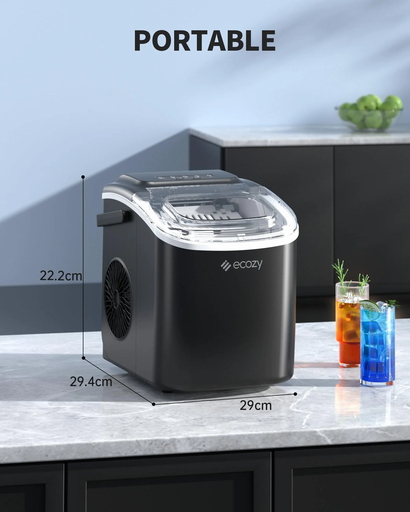 ecozy Maszyna do lodu 12 kg/24h, samooczyszczająca maszyna do lodu do domu, 9 kostek w 6 minutach, 2 kształty lodu, zintegrowany uchwyt, kompaktowy do biura/imprezy/kuchni/barów