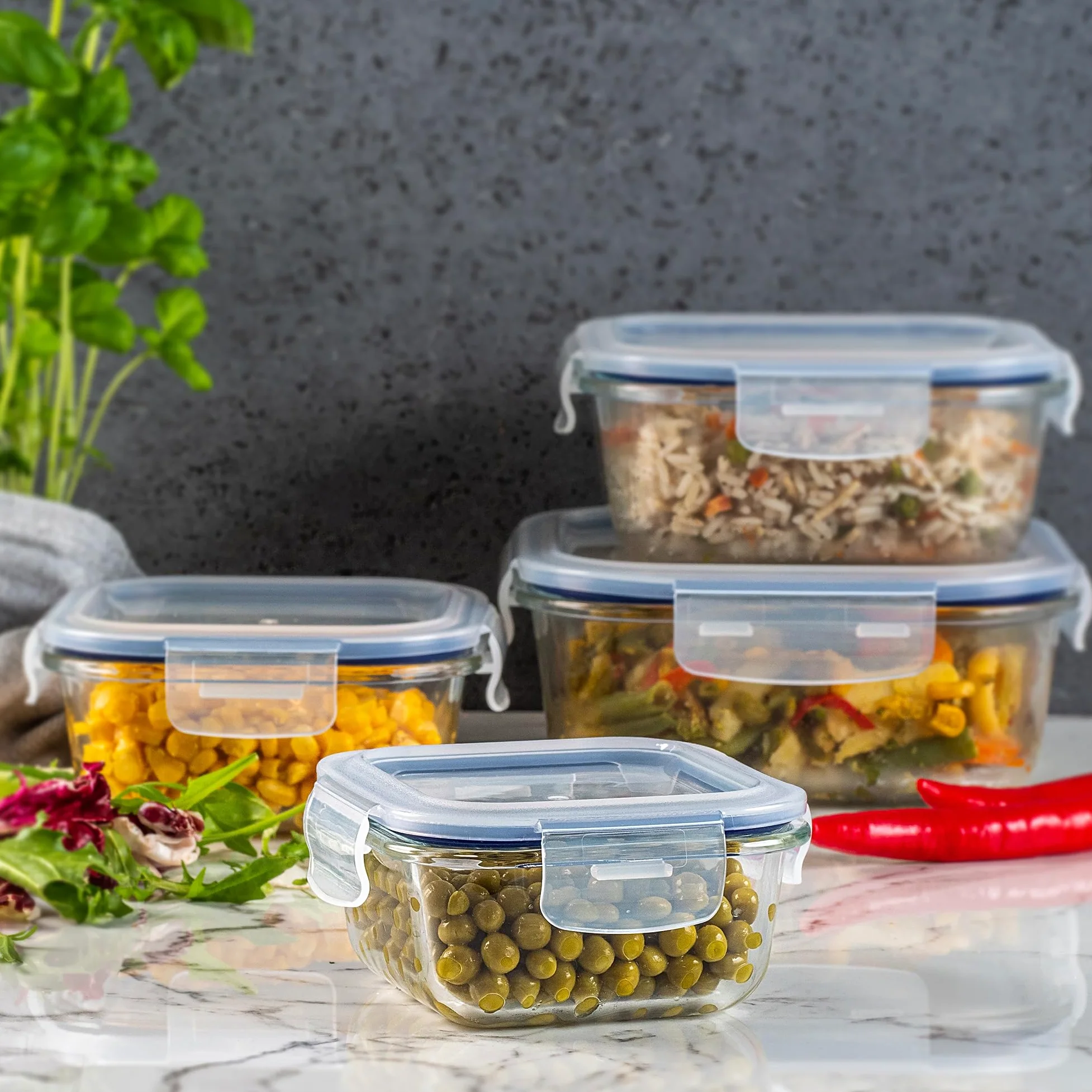 KADAX Pojemnik szklany na żywność z pokrywką 320 ml kwadratowy, hermetyczne zamknięcie, można myć w zmywarce, dłużej zachowuje świeżość przechowywanych potraw