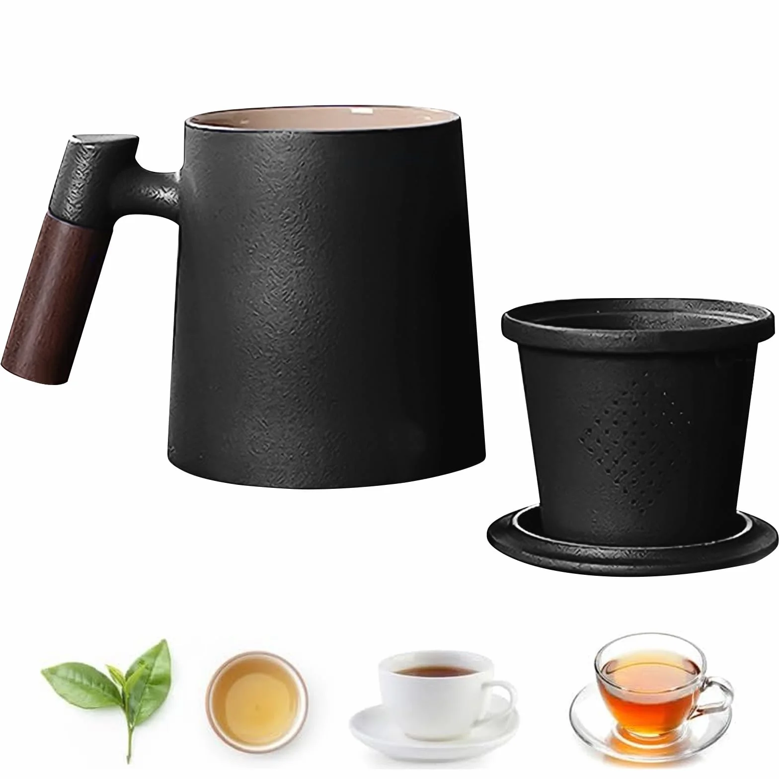 Qivine Ceramiczna filiżanka do herbaty z pokrywką i sitkiem, 400 ml, filiżanka do herbaty z drewnianym uchwytem, japońskie filiżanki do herbaty sypkiej, prezent dla miłośników herbaty (czarny)