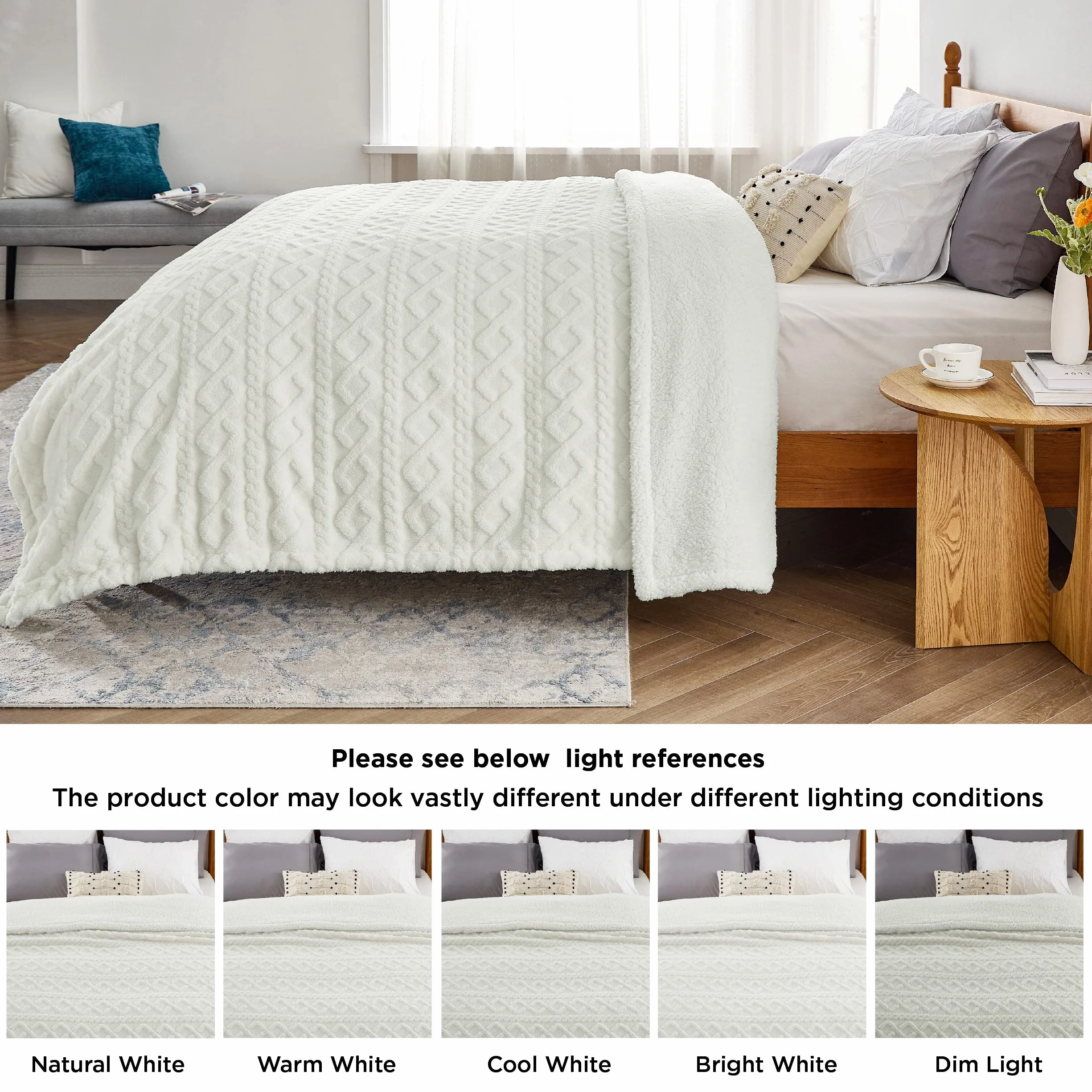 BEDSURE Przytulny koc na sofę, koc z dzianiny, 150 x 200 cm, na sofę, bardzo miękki, przytulny, do salonu, wełniany, biały, koc na kanapę, na sofę