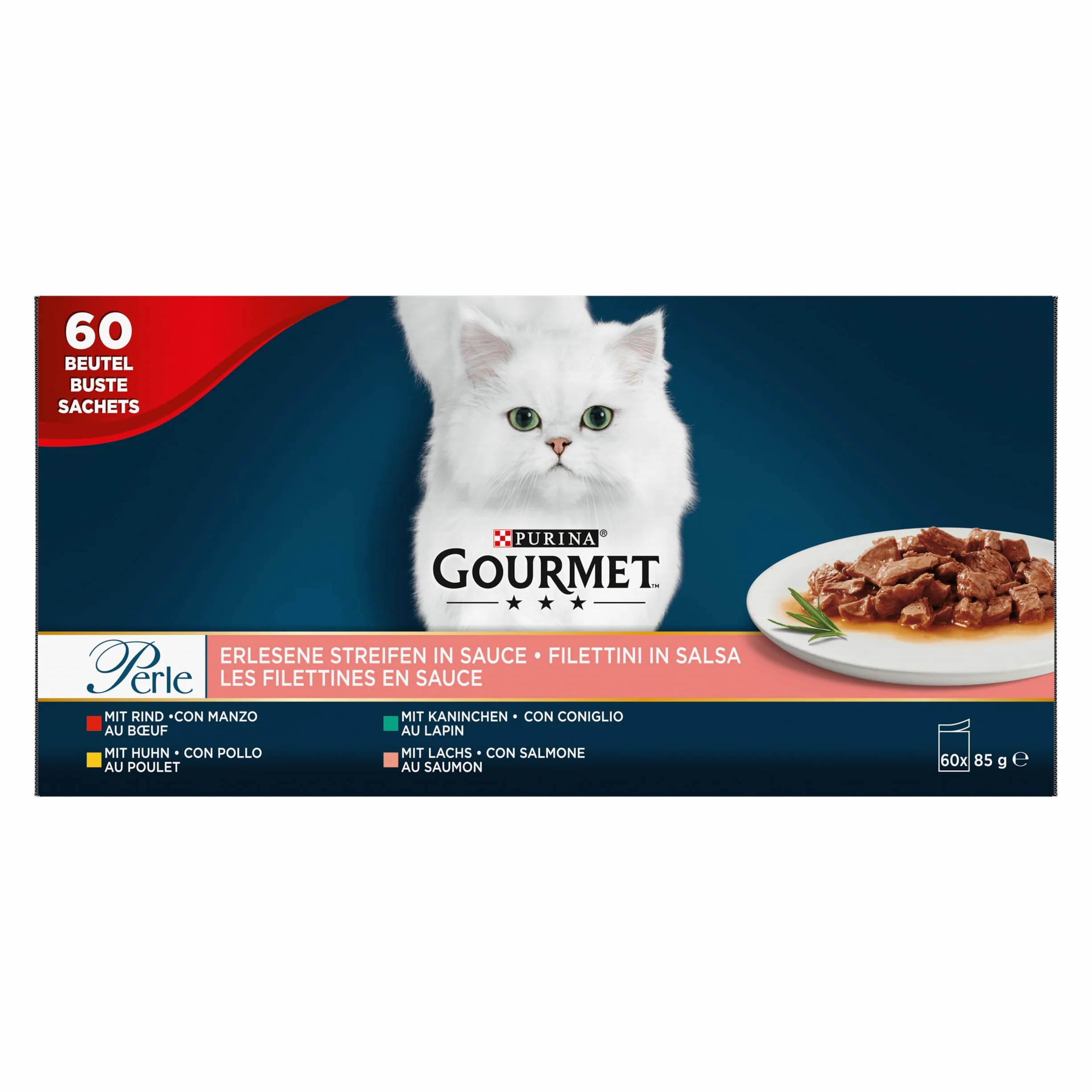 GOURMET PERLE | Karma mokra dla dorosłych kotów | Mini fileciki w sosie z Kurczakiem, Wołowiną, Łososiem i Królikiem | 60x85g