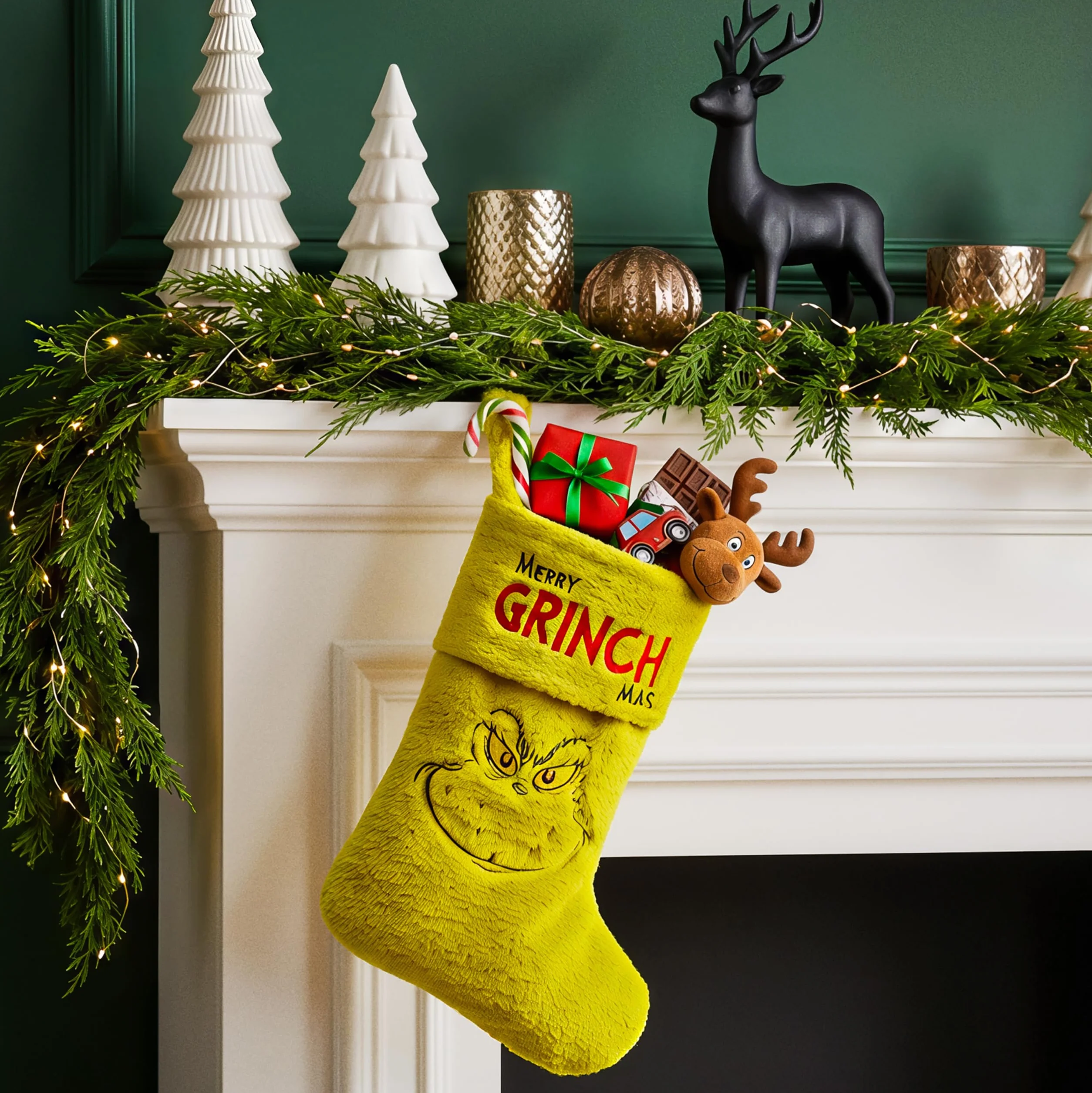 Wypełniacz do skarpet Świąteczny Grinch Wielki 44cm, Świąteczna Wisząca Dekoracja Zielona Skarpeta na Święta Rodzinne Boże Narodzenie Prezenty