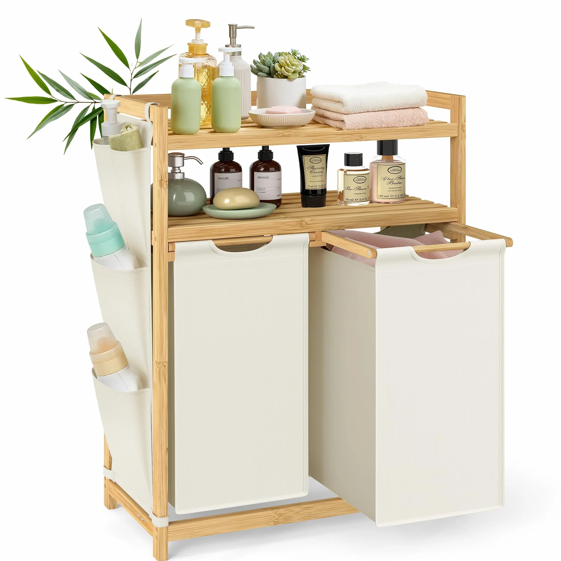 SONGMICS Kosz na pranie z 2 przegródkami, kosz na pranie, pojemność do 100 l, z półką, workiem na pranie, kieszeniami bocznymi, 2 x 50 l, 63 x 33 x 98 cm, kremowo-biały RLH200W01