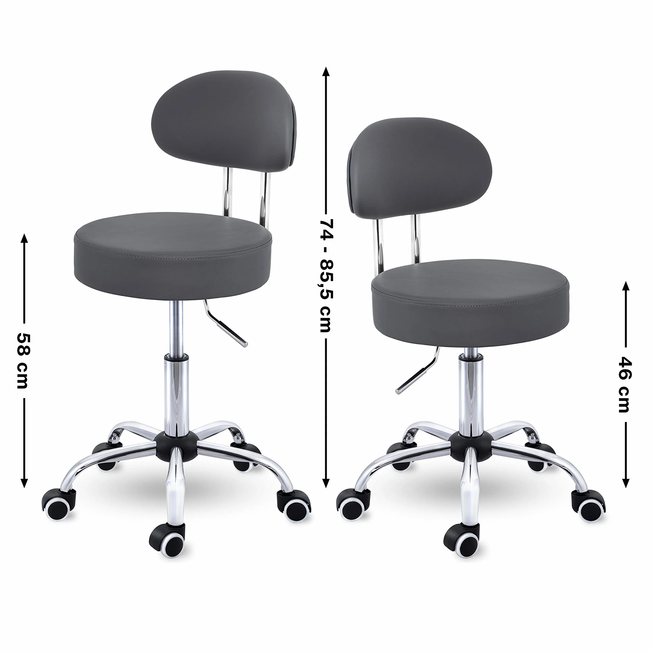 TRESKO® Taboret na kółkach z oparciem, szary, regulacja wysokości 47-60 cm, obrotowy z kółkami, krzesło biurowe, stołek obrotowy