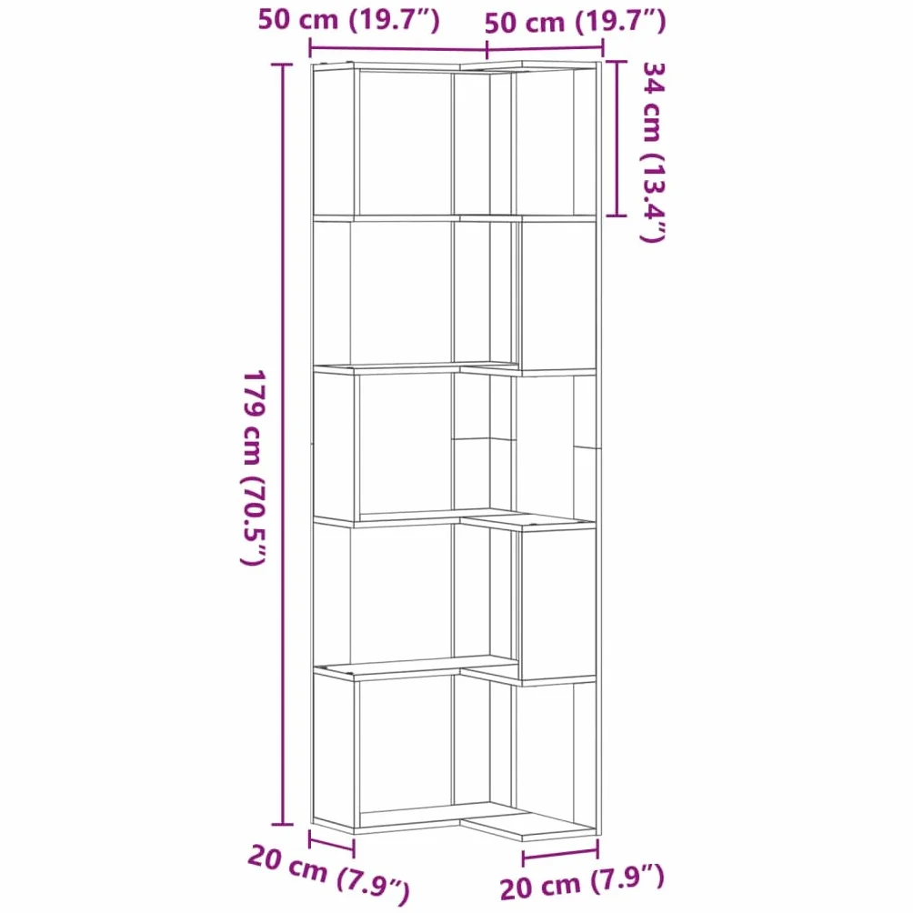 Narożny regał na książki, 5 półek, dąb sonoma, dekoracyjny regał biurowy do hotelu, 50 x 50 x 179 cm, materiał drewnopochodny