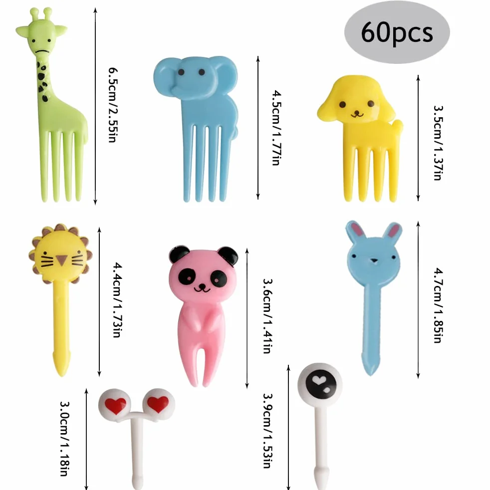 60 sztuk mini widelców z rysunkami zwierząt i owoców z tworzywa sztucznego, 8 rozmiarów, widelce do szaszłyków, do fingerfoodu, widelce owocowe, wielokrotnego użytku, zębatki owocowe do pudełka na