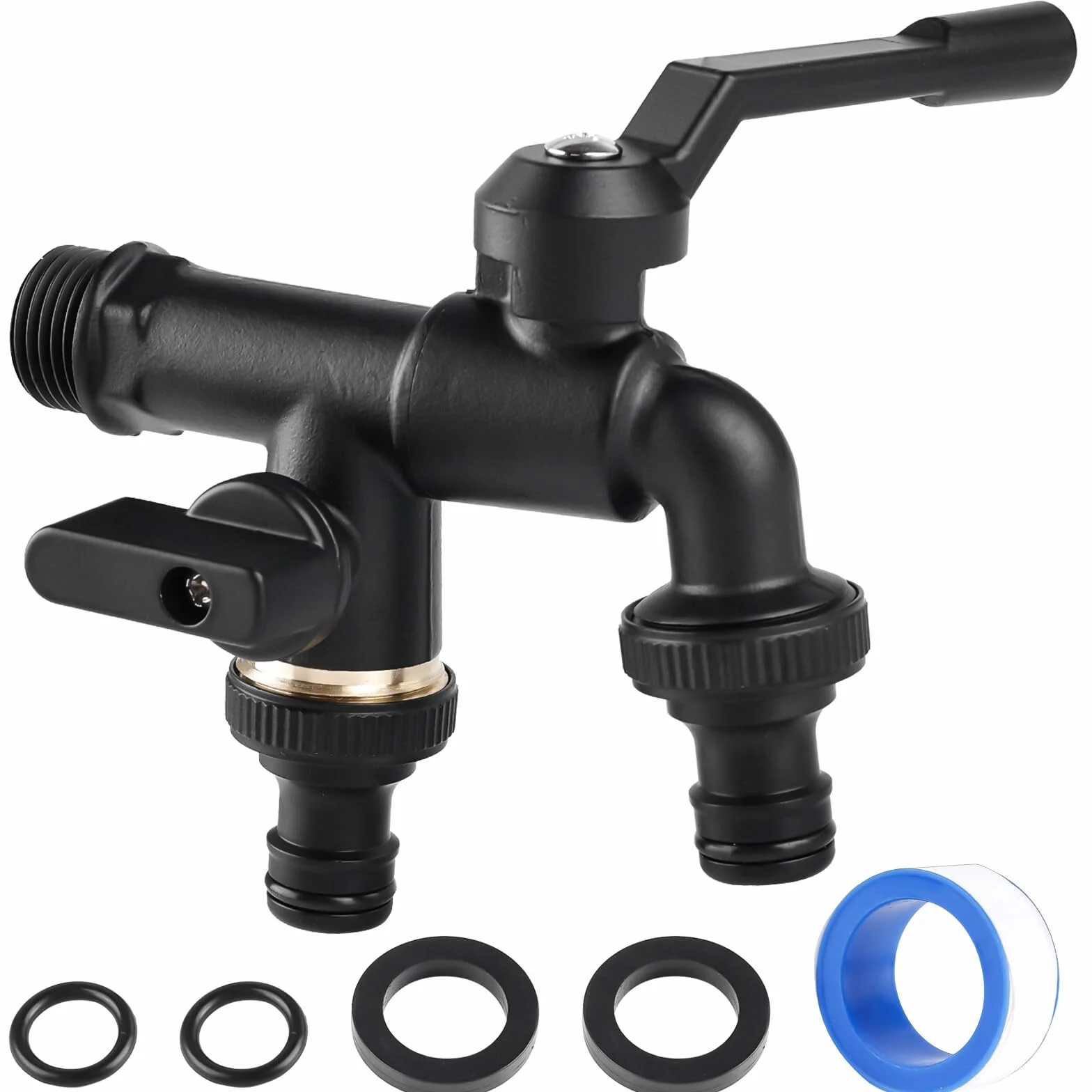 Uniwersalny kran ogrodowy, podwójny kran 1/2", mosiężny kran z 2 gumowymi uszczelkami + 2 pierścieniami O + 1 wodoodporną taśmą + 2 adapterami do węża ogrodowego, pralki, czarny
