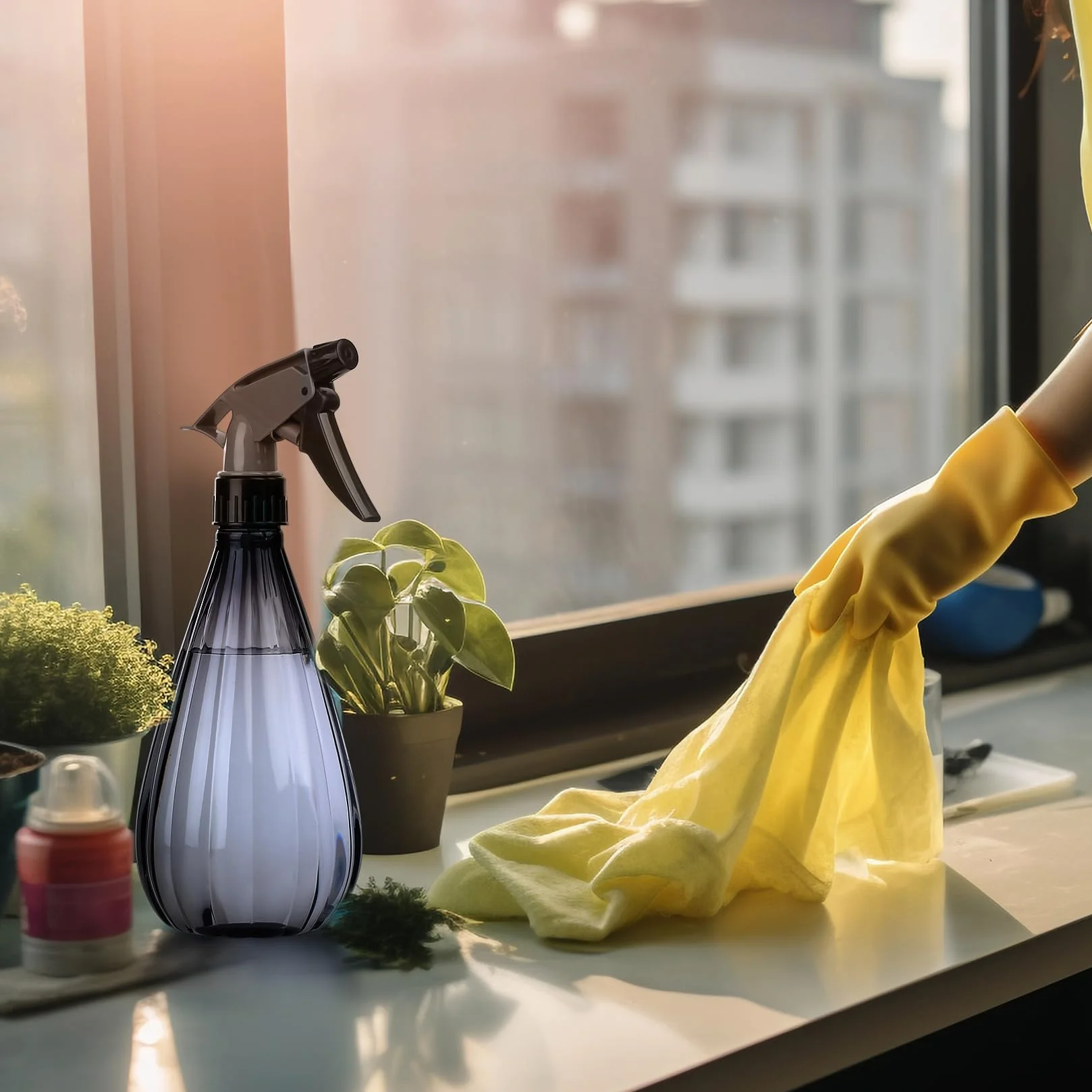 Butelki z rozpylaczem w paski dyniowe 600 ml, trójkolorowe (pomarańczowe, szare, niebieskie) do roślin, włosów, czyszczenia, szczelnej dyszy mgiełki i strumienia, lekkie, niezbędne do domu
