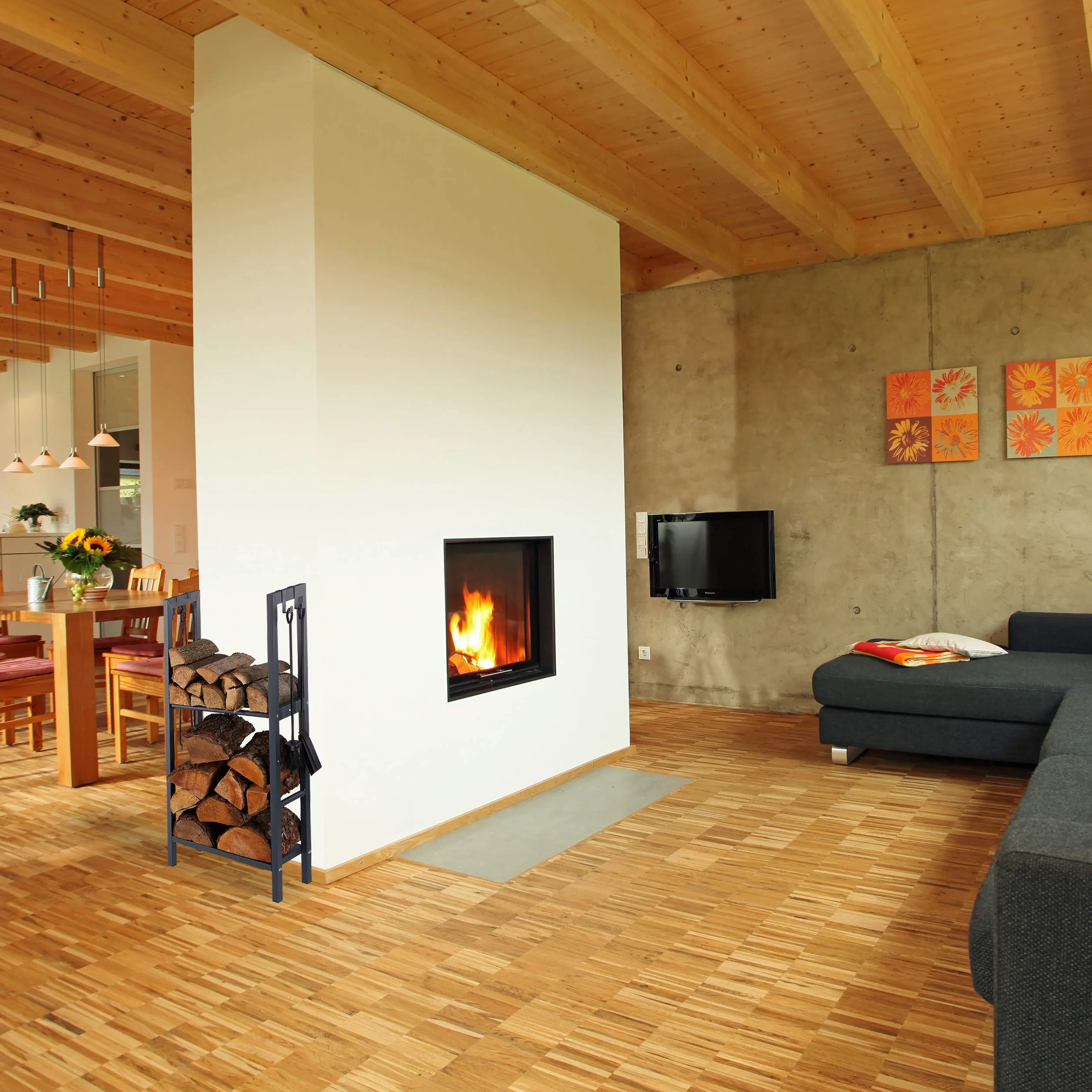 Relaxdays, antracytowy regał na drewno kominkowe z 2 półkami, ze stali, 4 haczyki na sztućce kominkowe, regał na drewno opałowe, wys. x szer. x gł.: 100 x 60 x 30 cm, 100 x 60 x 30 cm