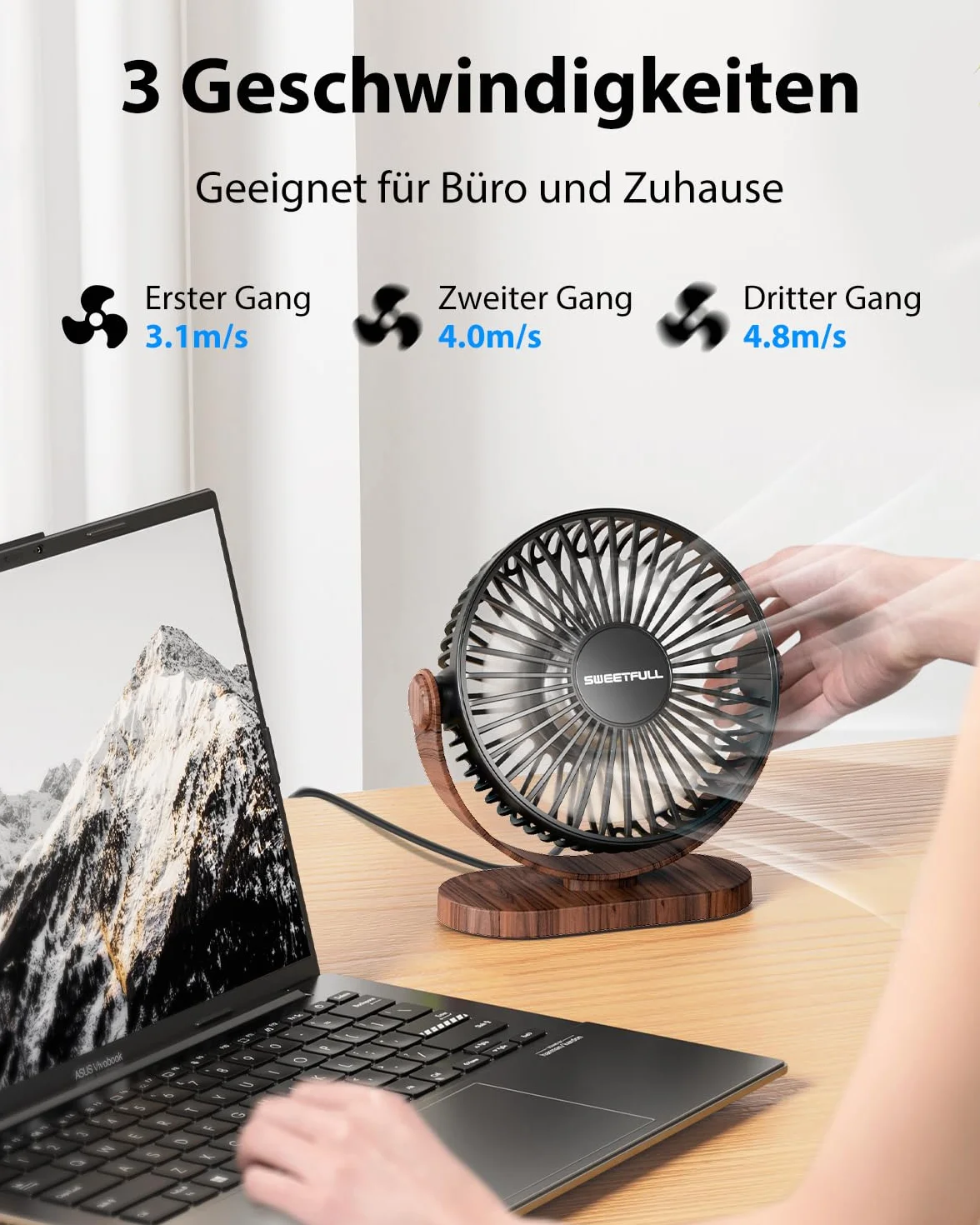 SWEETFULL Wentylator USB, mały wentylator stołowy, cichy, 3 prędkości, łatwy do przenoszenia, do biura, domu i na zewnątrz (czarny)