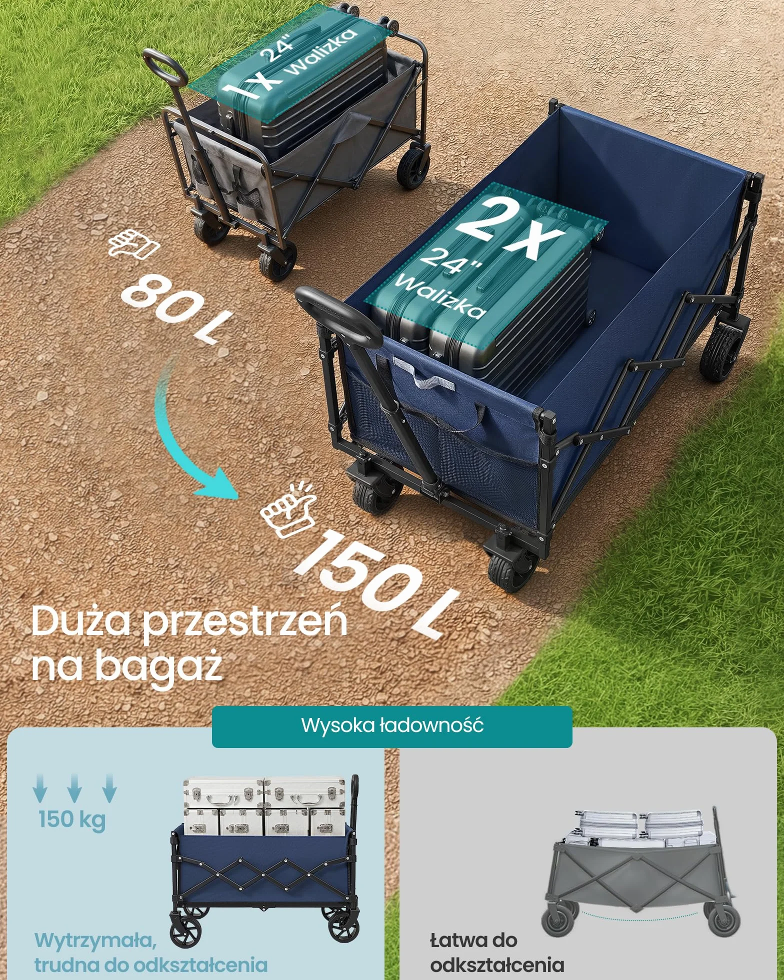 SONGMICS Kleiner Handwagen faltbar, Gartenwagen, kompakt, mit Griff, mit 4 Verstärkten Rollen, davon 2 Universalräder, bis 120 kg belastbar, Outdoor, Garten, 150 L, mitternachtsblau GFW150QE01