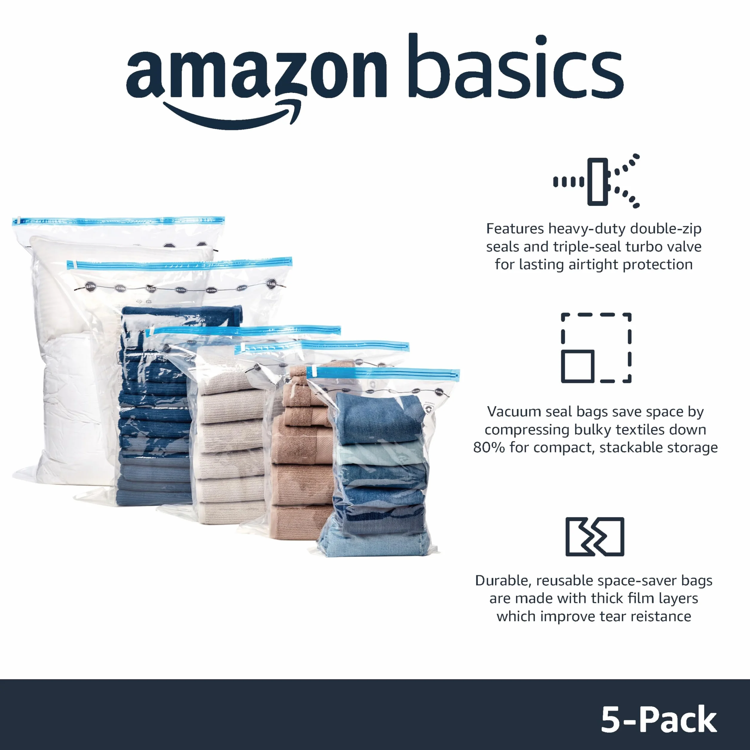 Amazon Basics Worki próżniowe do ubrań z hermetycznym zaworem i pompką ręczną – średnie, 5 sztuk, zamek błyskawiczny, przezroczyste