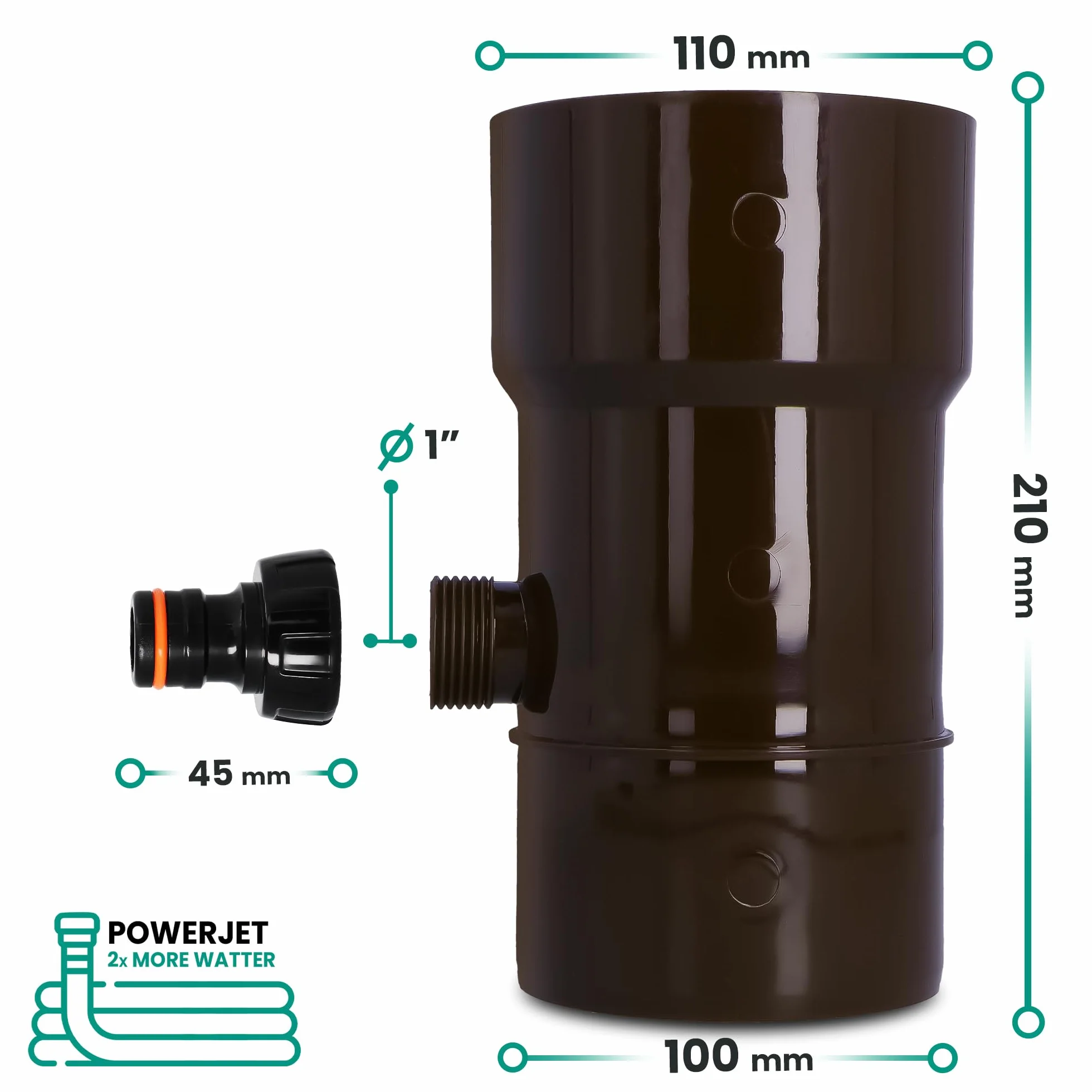 Millto™ Odpływ Rynny Dachowej Zbiornika na Deszczówkę DN Ø 110 mm Brązowy | Łapacz Wody Deszczowej Odzyskiwacz Zbieracz Deszczu Kolektor Deszczówki Przyłącze pod Szybkozłączkę 1 PowerJet