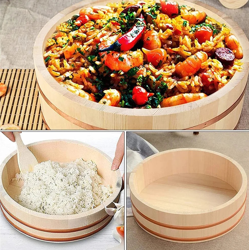 Adima Drewniana miska na ryż sushi japońska Hangiri sushi miska do mieszania ryżu sushi Oke miedziane taśmy do sushi restauracji domu kuchni białe drewno sosnowe (12 rozmiarów), 39 x 9 cm