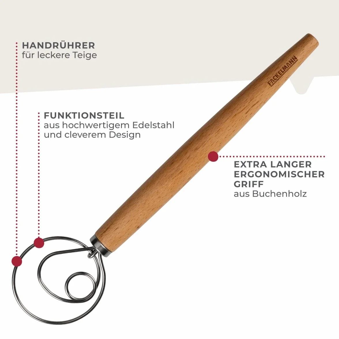 Fackelmann Trzepaczka do ciasta do makaronu, focaccia i ciasta – trzepaczka do przewiewnych ciast – duńska trzepaczka do mieszania z ergonomicznym uchwytem