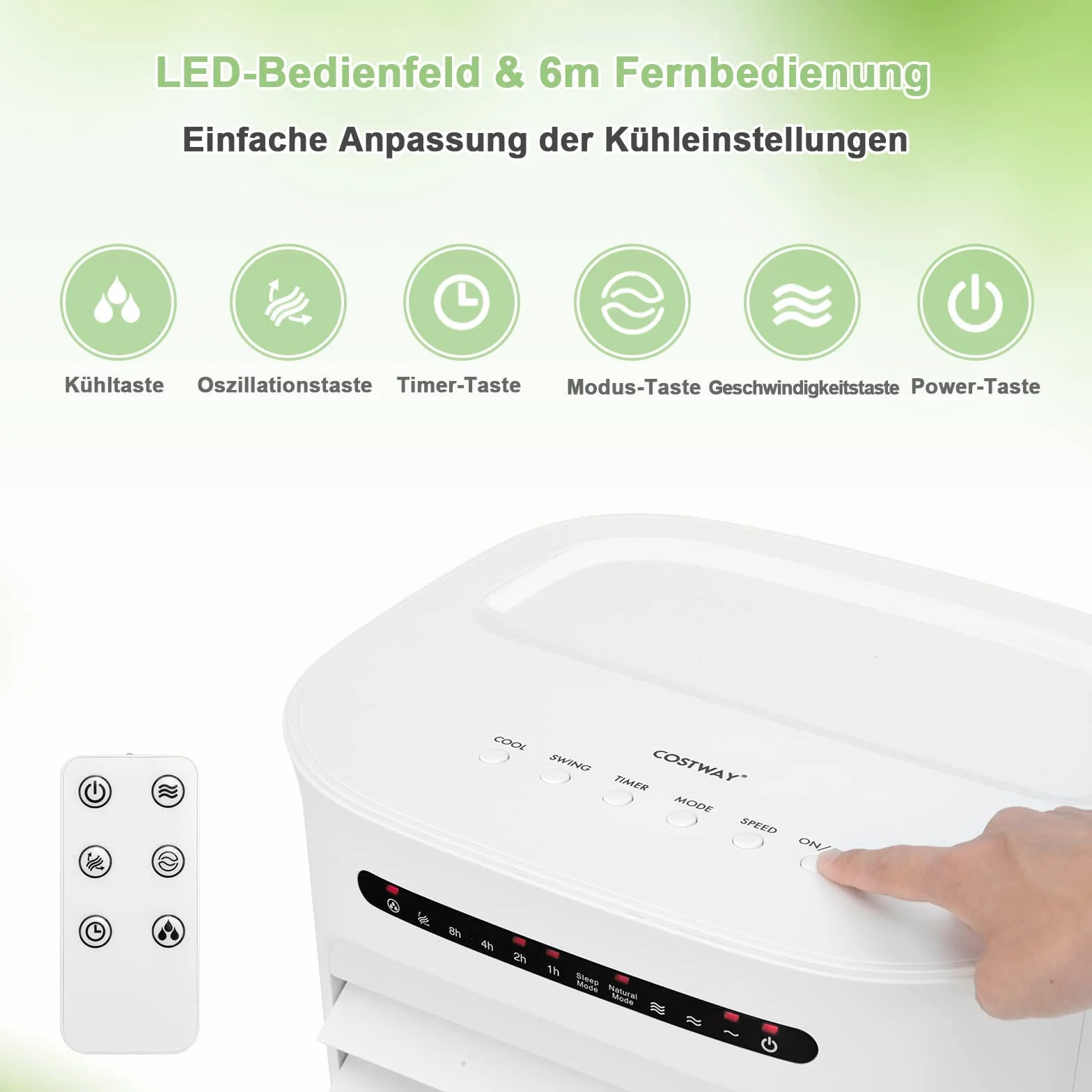 COSTWAY Mobilny cichy klimatyzator bez węża wylotowego, nawilżacz powietrza i wentylator 3 w 1, z 3 trybami, zbiornik na wodę 10 l, 2 wkłady chłodzące, timer 15-godzinny, pilot, do domowego biura
