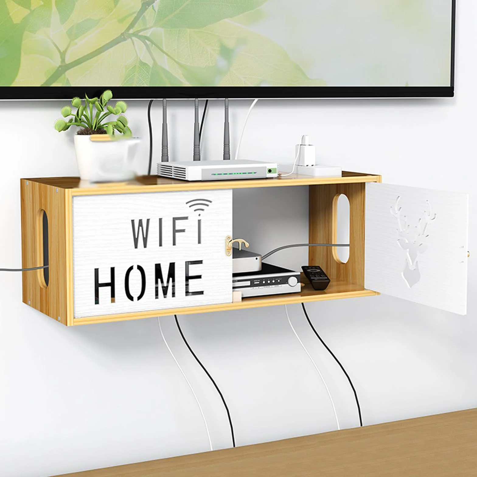 Catekro Router Regał, Półka na Dekoder, Drewniana Skrzynka do Przechowywania Routera WiFi na Ścianę (309-brązowy)