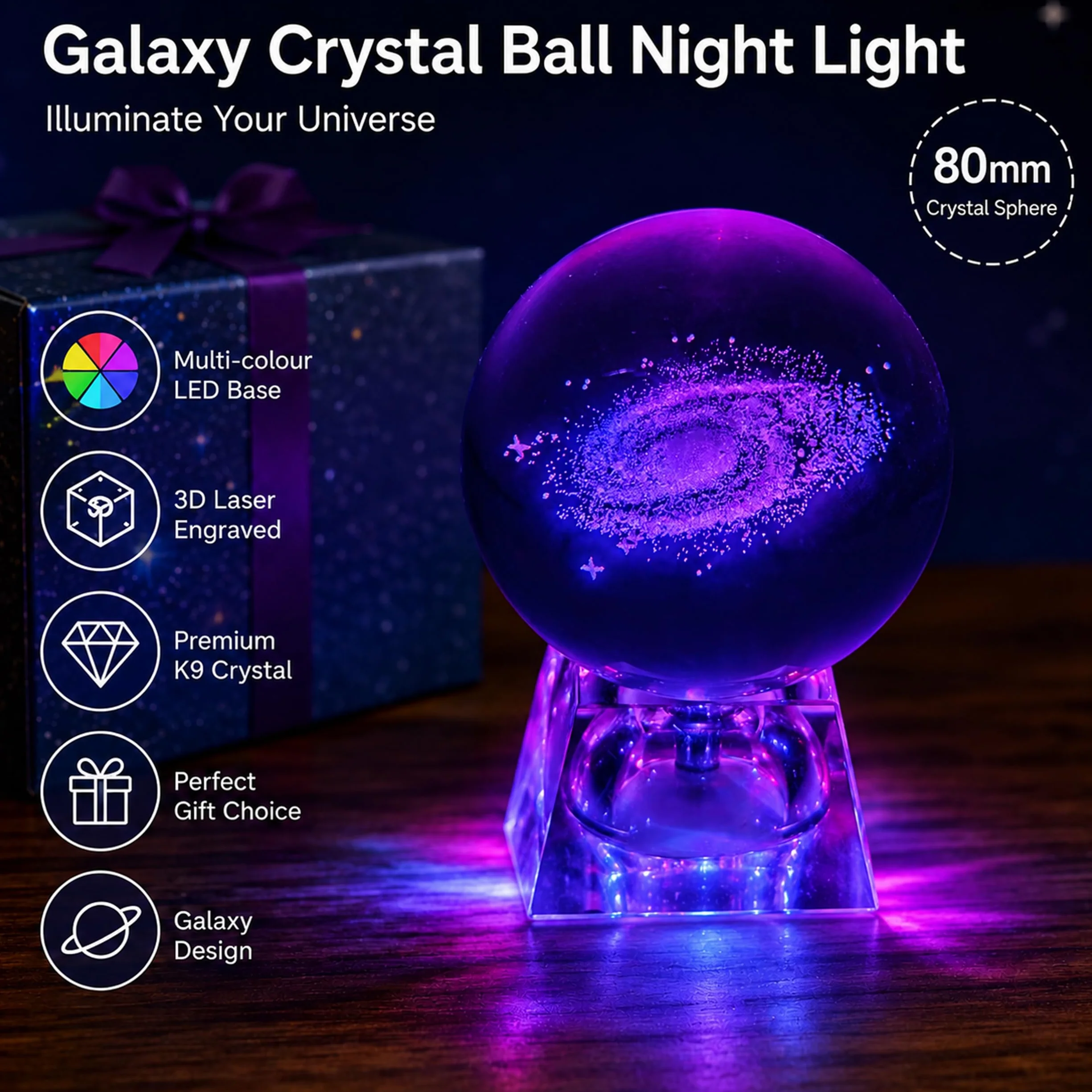 Galaktyka kryształowa kula – szklana kula ornamenty dla dzieci lampka nocna z cokołem LED, przezroczysta 80 mm, oświetlenie galaktyki dla dzieci, lampka nocna dla dzieci
