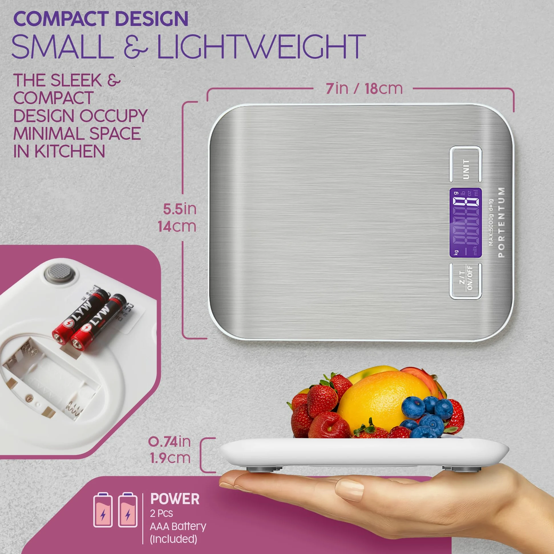 PORTENTUM - Waga kuchenna z wyświetlaczem LCD, stal nierdzewna, precyzyjna waga kuchenna od 1 gram do 5 kg/11 lbs [wyłącznie na Amazon]
