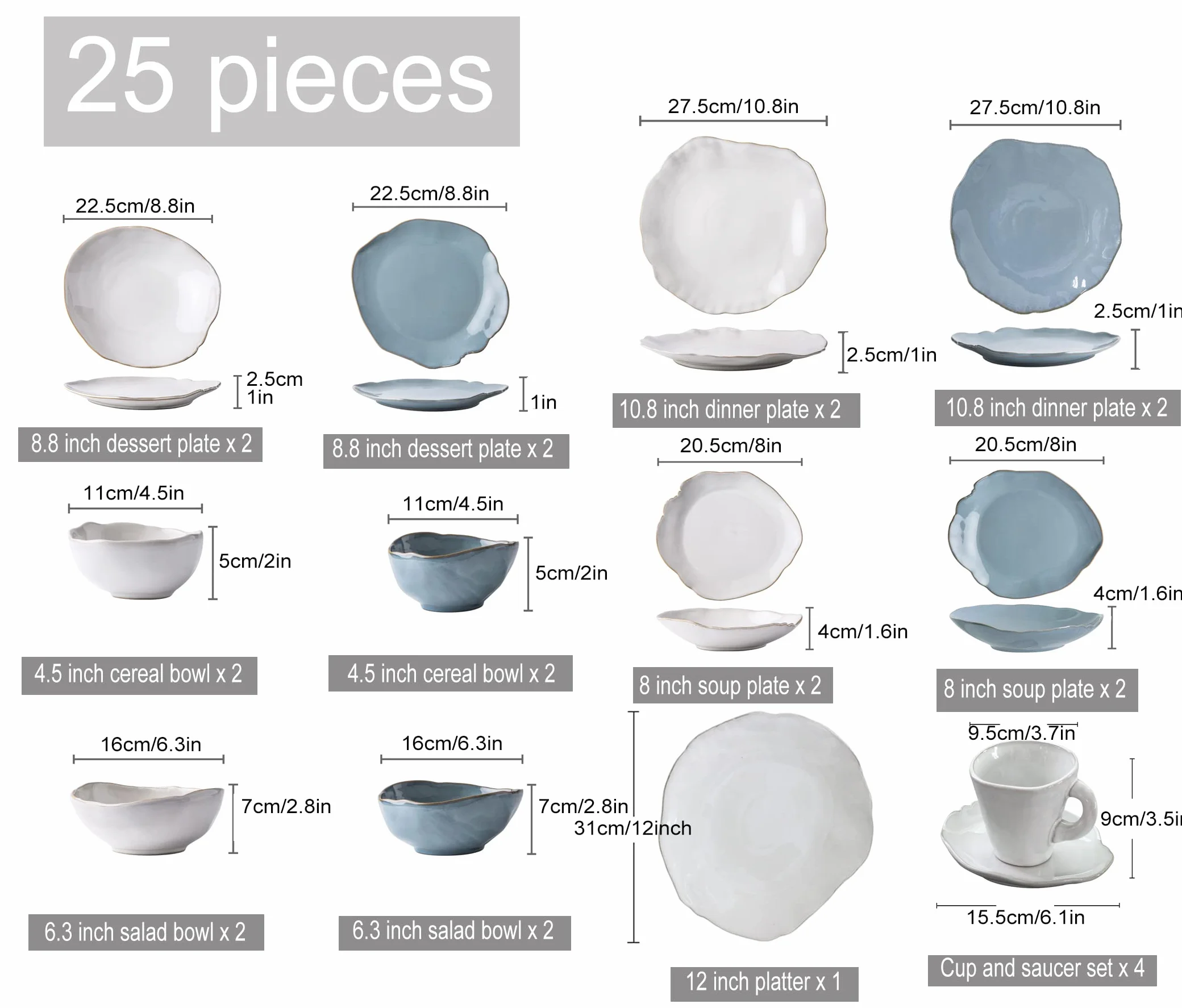 25-częściowy porcelanowy zestaw obiadowy z talerzem płaskim, talerz deserowy, talerz do zupy, miska, zestaw filiżanek i spodków, kompletny zestaw naczyń dla 4 osób