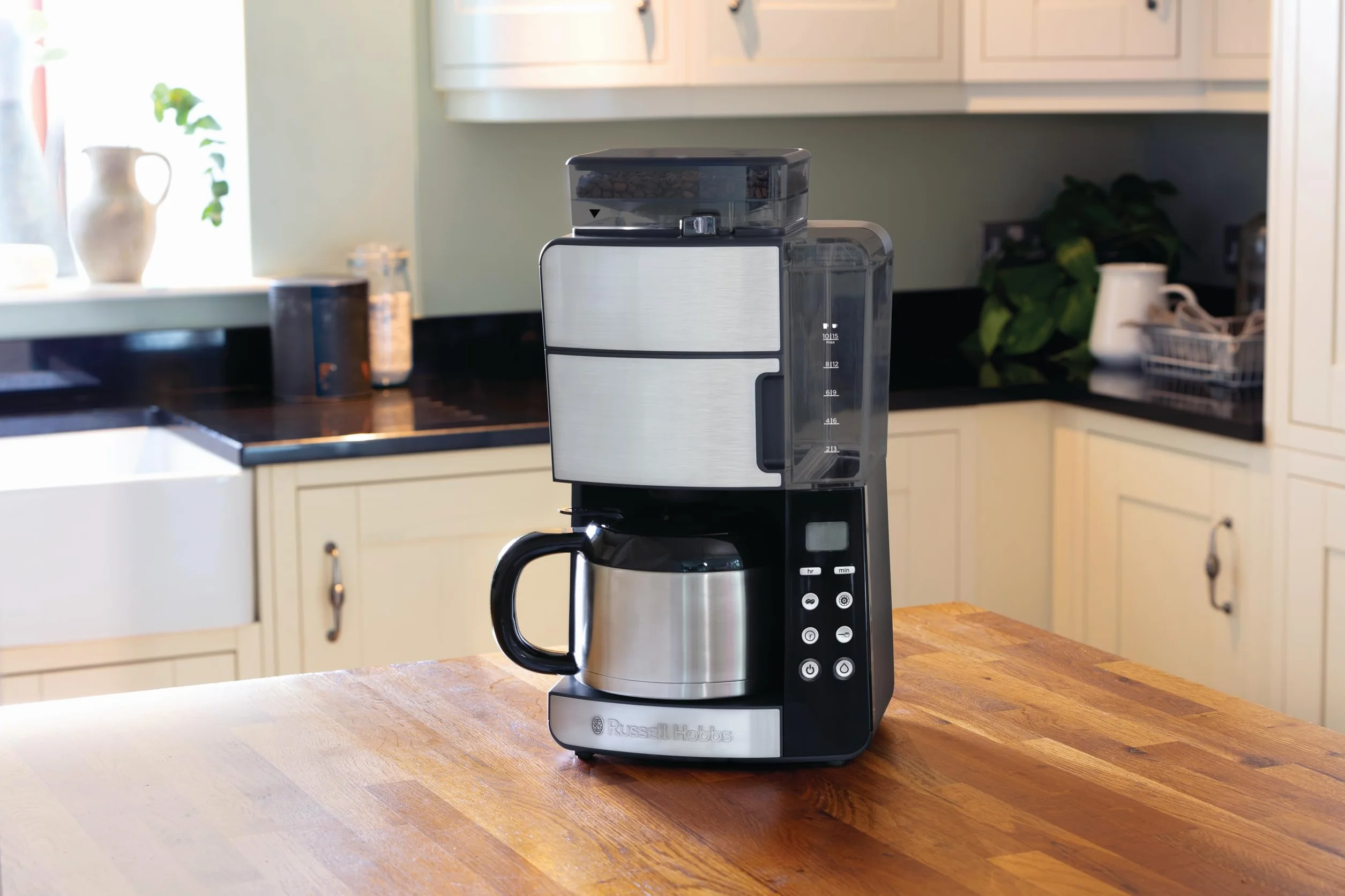 Russell Hobbs ekspres do kawy, wbudowany młynek, regulacja mocy zaparzenia kawy, timer, podtrzymywanie temperatury, dzbanek termiczny, pojemność 1,25l, moc 1000W, czarny-stalowy, Grind&Brew 25620-56