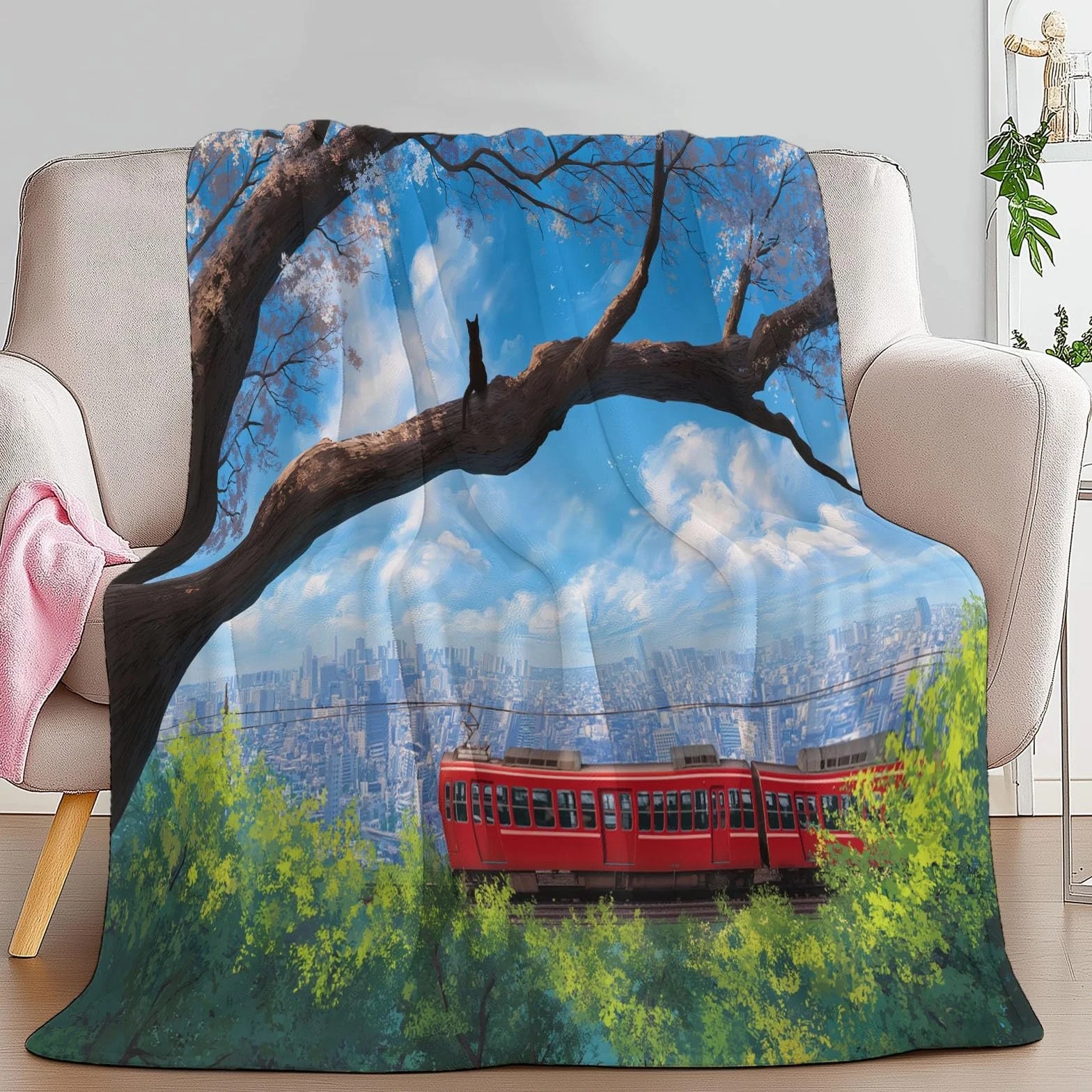 Puszysty koc flanelowy na sofę, łóżko, krzesło, miękki pejzaż miejski, kwiaty, pościel, 220 x 240 cm, dekoracyjny, ultramiękki koc dla dzieci, nastolatków, dorosłych, 220 x 240 cm