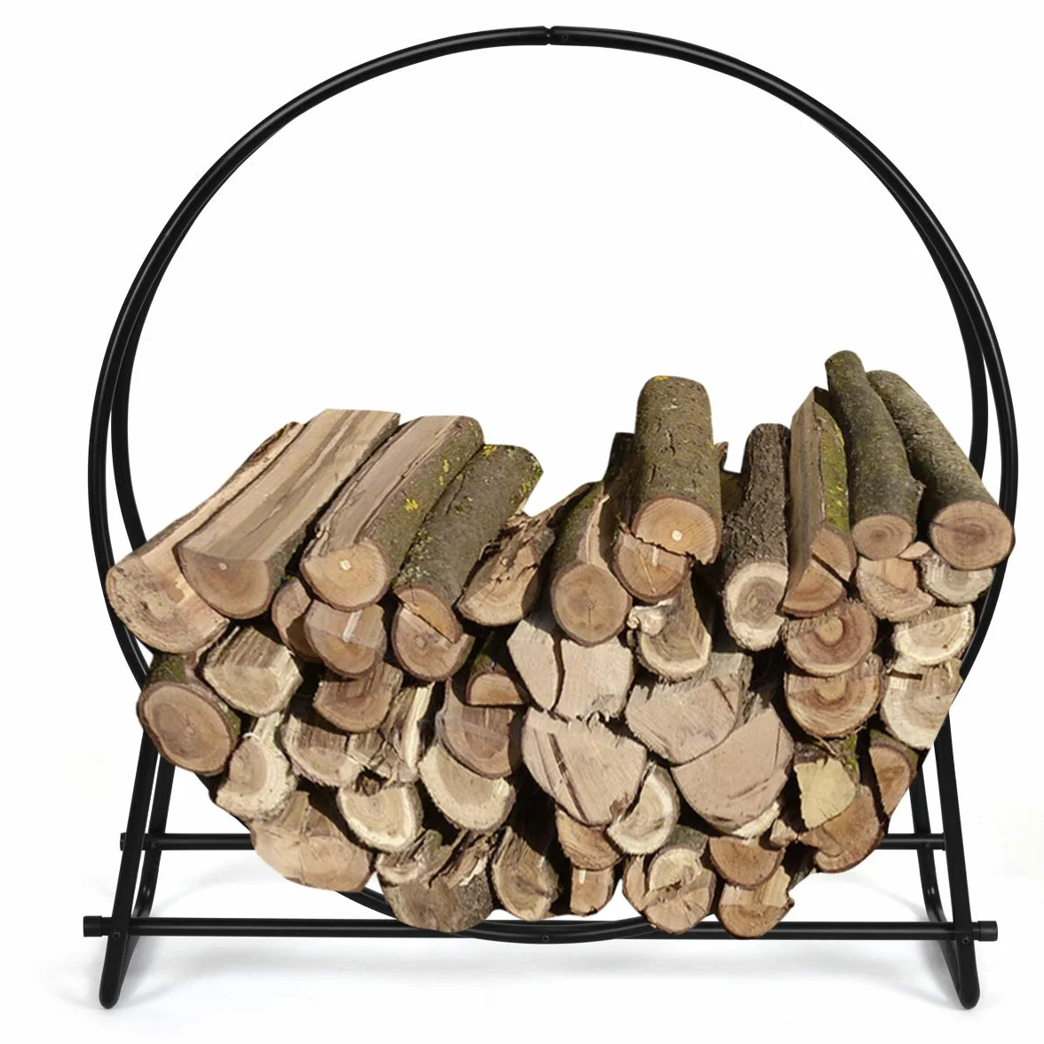 GOPLUS stojak na drewno kominkowe, uchwyt na drewno kominkowe, regał na drewno kominkowe, drewniana podstawa na ogień, czarny, okrągły 102x 95x 33cm (dł. x szer. x wys.)