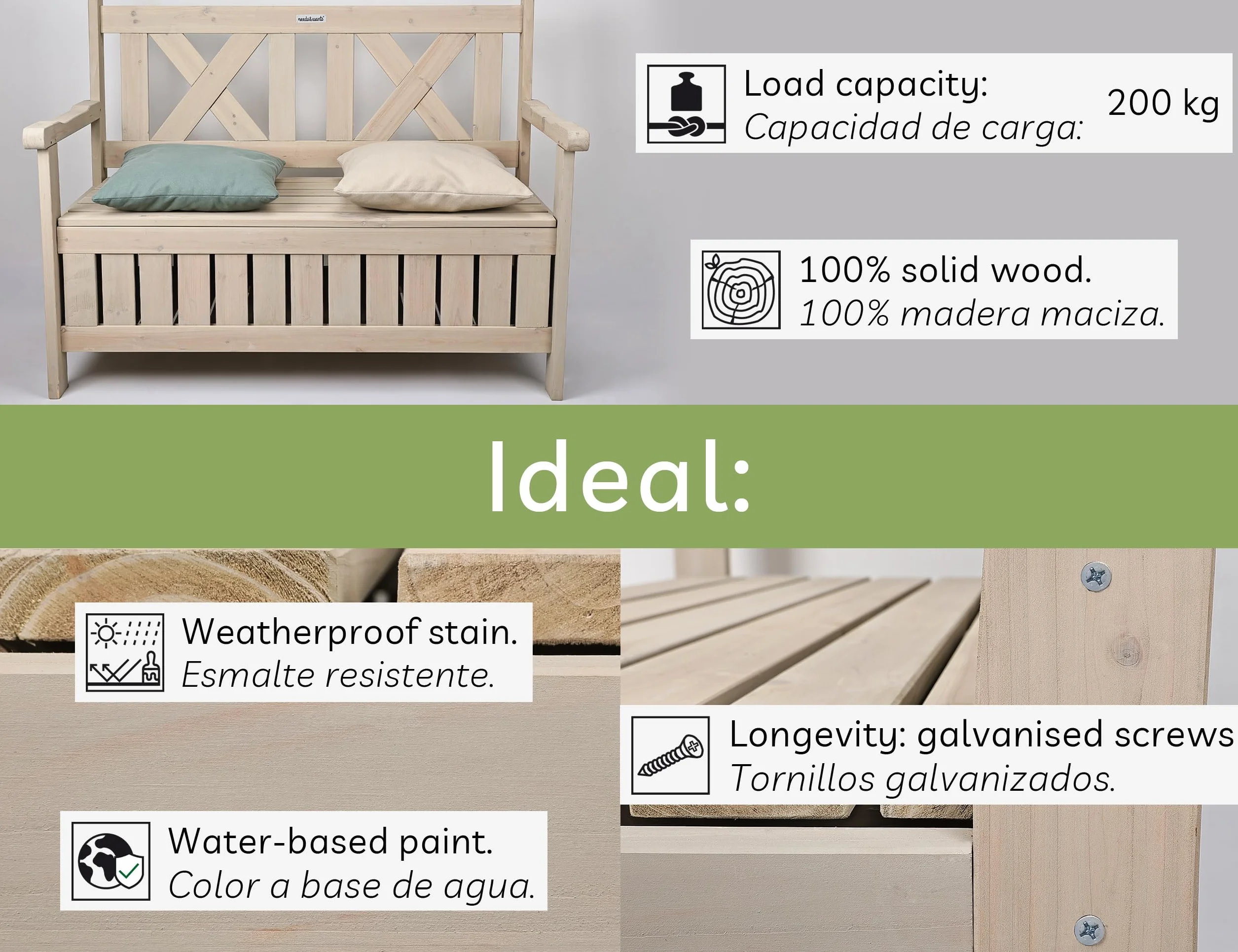 needs&wants® Ławka ogrodowa, drewniana, odporna na warunki atmosferyczne, z miejscem do przechowywania i pokrowcem, 2-osobowa ławka drewniana, klasyczna, ławka parkowa, ławka do siedzenia z litego