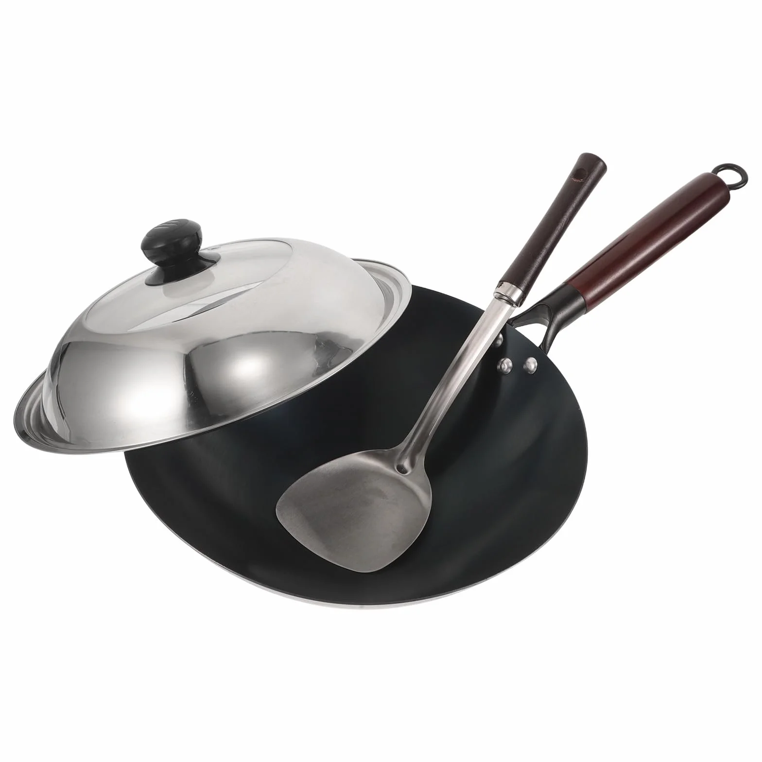 DOITOOL Niepowlekana żeliwna patelnia wok | Ręcznie robiona chińska patelnia do smażenia z pokrywką i szpatułką | Niepowlekany, wytrzymały żeliwny wok z drewnianym uchwytem do kuchenek gazowych