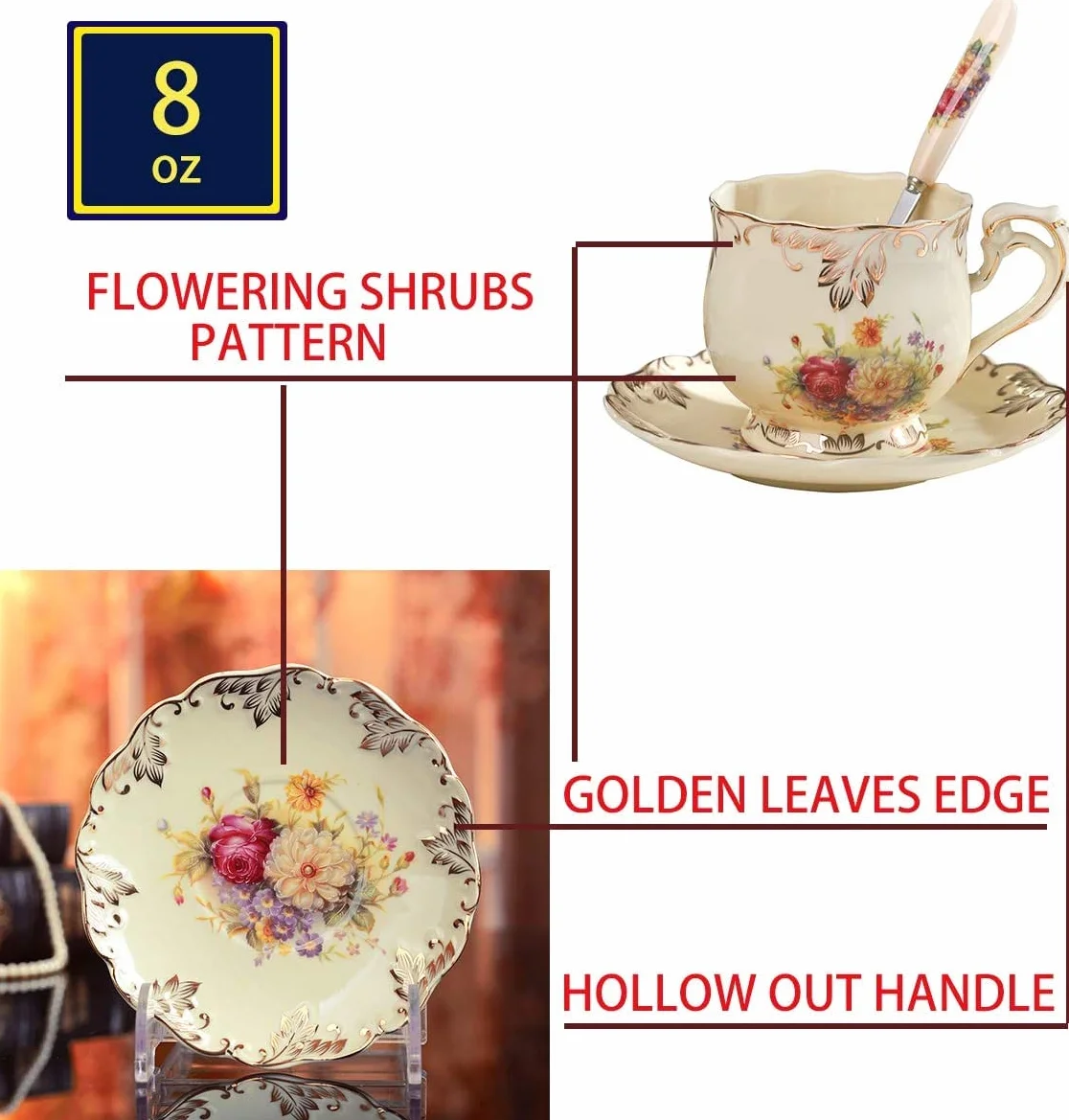 Vintage Rose Retro Porcelana kostna Herbata Kawa Herbata Filiżanki i Spodki z łyżkami i uchwytem na kubek Kwiatowe filiżanki do kawy dla 2 osób