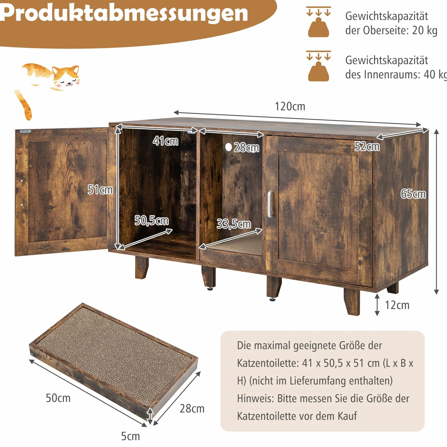 COSTWAY Szafka dla 2 kotów domek z 2 drzwiami deska do drapania meble dla zwierząt 120x52x65 cm vintage
