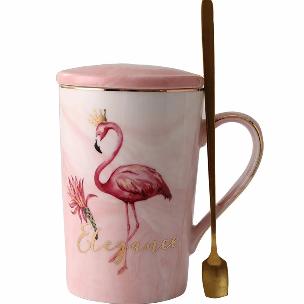 Kubek flamingowy kubek do kawy herbaty ceramiczny porcelanowy kubek z łyżką i pokrywką (flaming różowy, 400 ml)