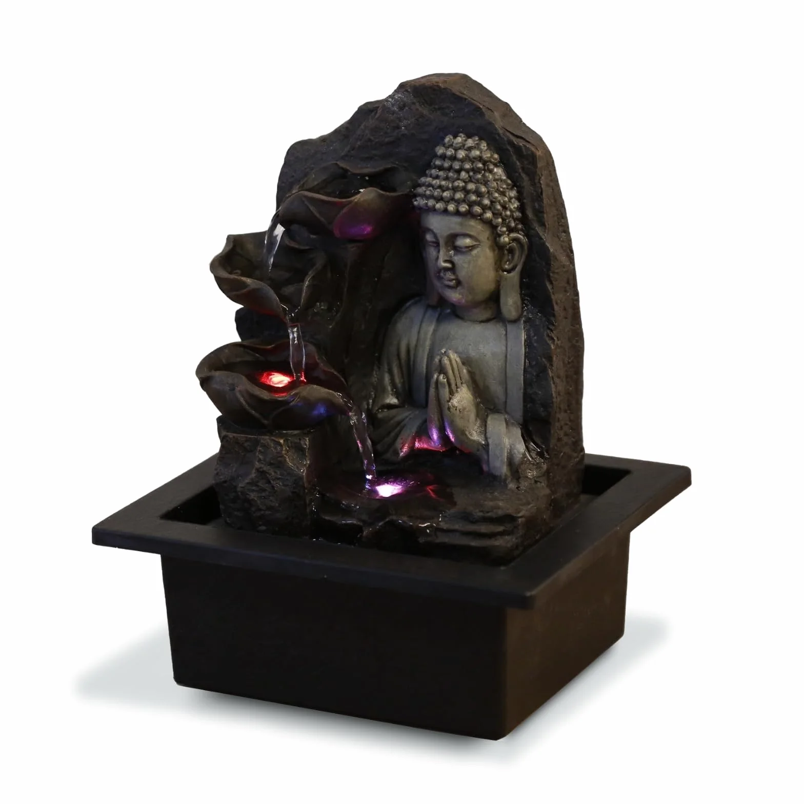 Fontanna wewnętrzna Wodospad Budda Lotos Kolorowe światło LED, dekoracja wnętrz Feng Shui, pomysł na prezent Zen Mind, z dostarczoną cichą pompą, duchowość Zen'Light, 21 x 21 x 26 cm