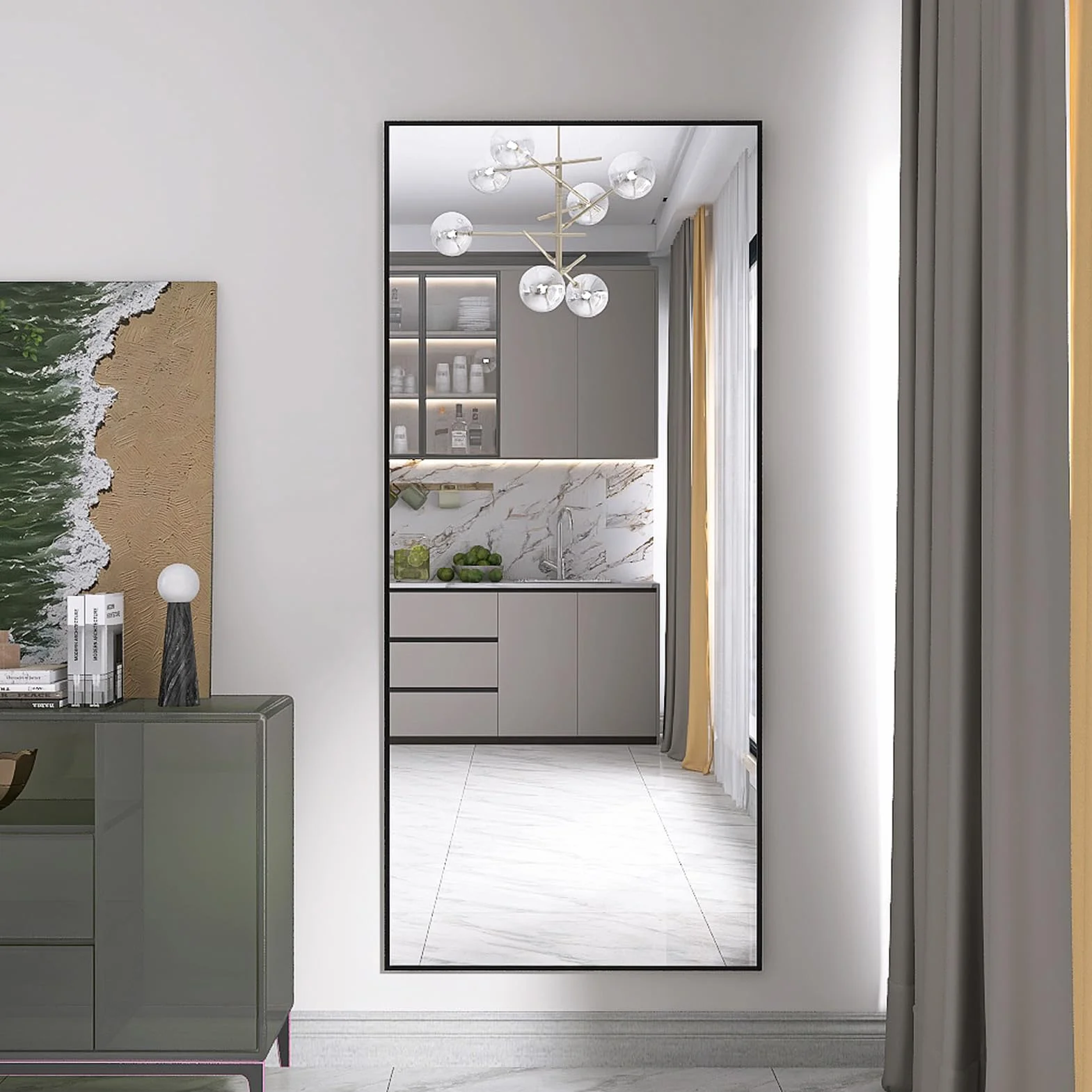 Fofetbfo Lustro stojące o pełnej długości, 180 x 80 cm, prostokątne, duże lustro ścienne do zawieszenia, duże lustro ścienne z aluminiową ramą do łazienki, sypialni, przedpokoju