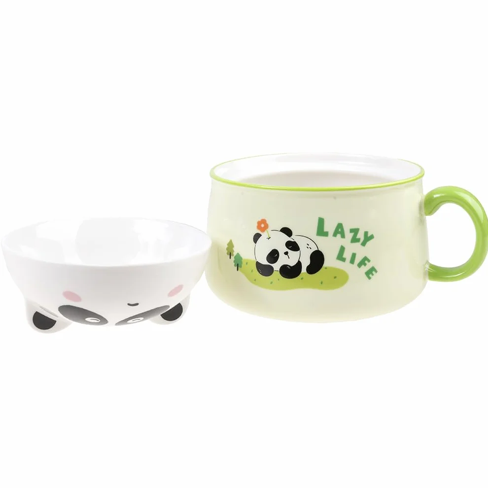 lachineuse - Azjatycka miska Ramen - Porcelana - Wzór Panda - 1020 ML - Z pokrywką i sztućcami - Miska śniadaniowa, Zupa, Ryż, Makaron Instant - Pomysł na prezent Azja Japonia Chiny - Zielony