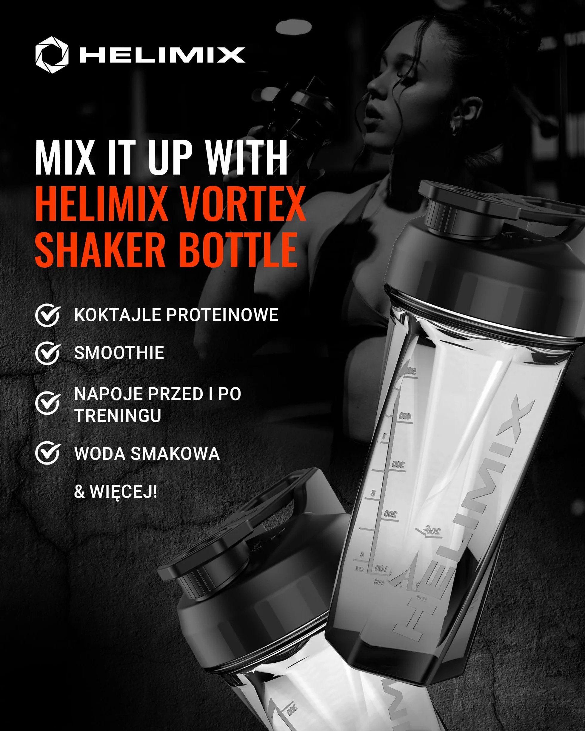 Helimix 2.0 Vortex Protein Shaker, 800 ml (28 uncji) - Sportowa butelka na napoje proteinowe i smoothie - bez gwizdków, grudek i baterii - odporna na mycie w zmywarce i wolna od BPA