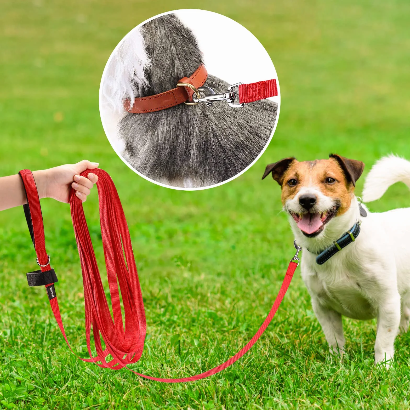 PETTOM Smycz treningowa dla psów 15 m, wytrzymała nylonowa, z wyściełanym uchwytem, czerwona