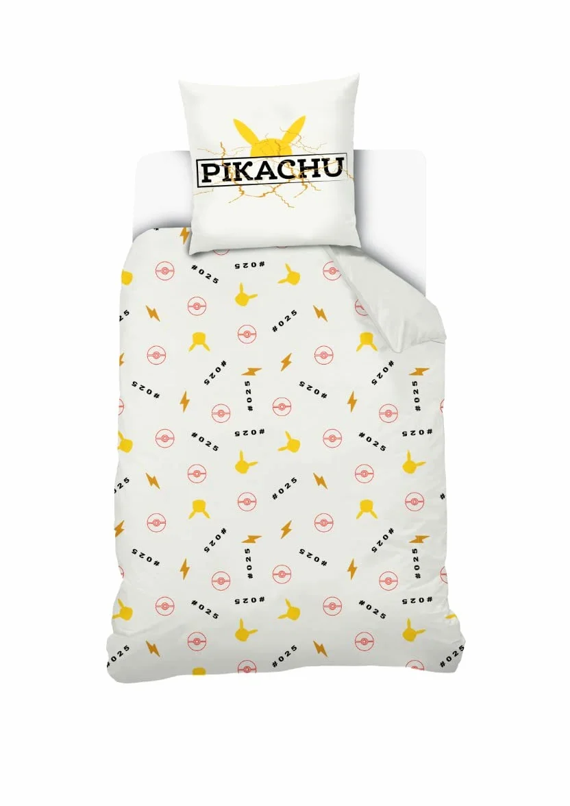 SAHINLER - Poszewka na kołdrę Pikachu High Voltage 140x200 cm + poszewka na poduszkę Pikachu 63x63 cm - Biała - 100% Bawełna