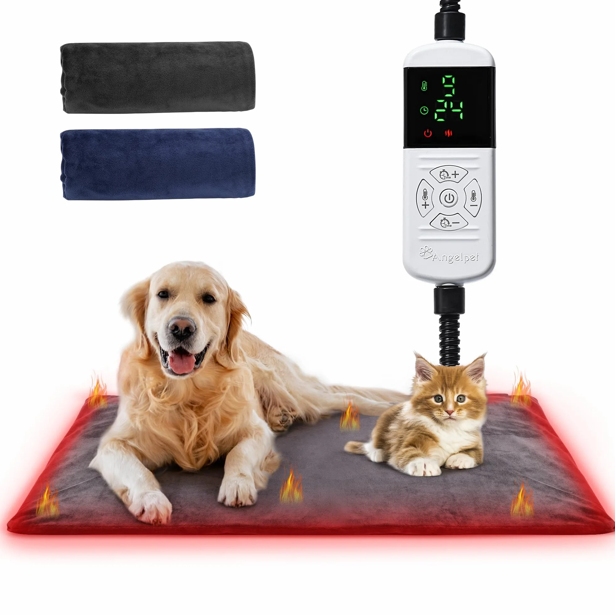 Angelpet Mata Grzewcza dla Psów i Kotów XL 60x90 cm – Elektryczna Mata Grzewcza z 9 Temperaturami, 14 Timerów, Kabel antygryzący 1,8 m, 2 Pokrowce