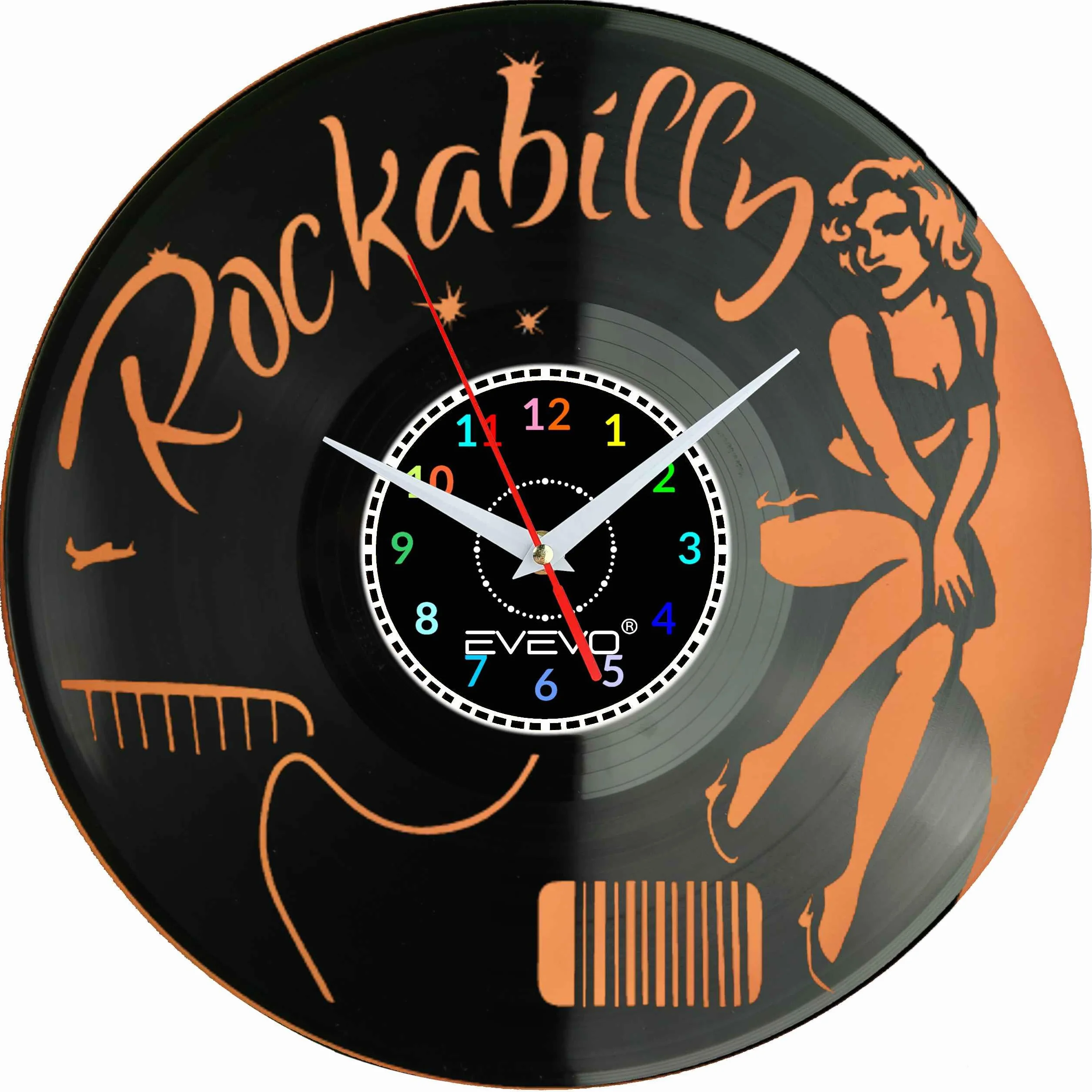 ZEGAR ŚCIENNY ROCKABILLY ROCK 'n' ROLL FLUORESCENCYJNE TŁO PŁYTA WINYLOWA PREZENT UPOMINEK URODZINY EVEVO F0017