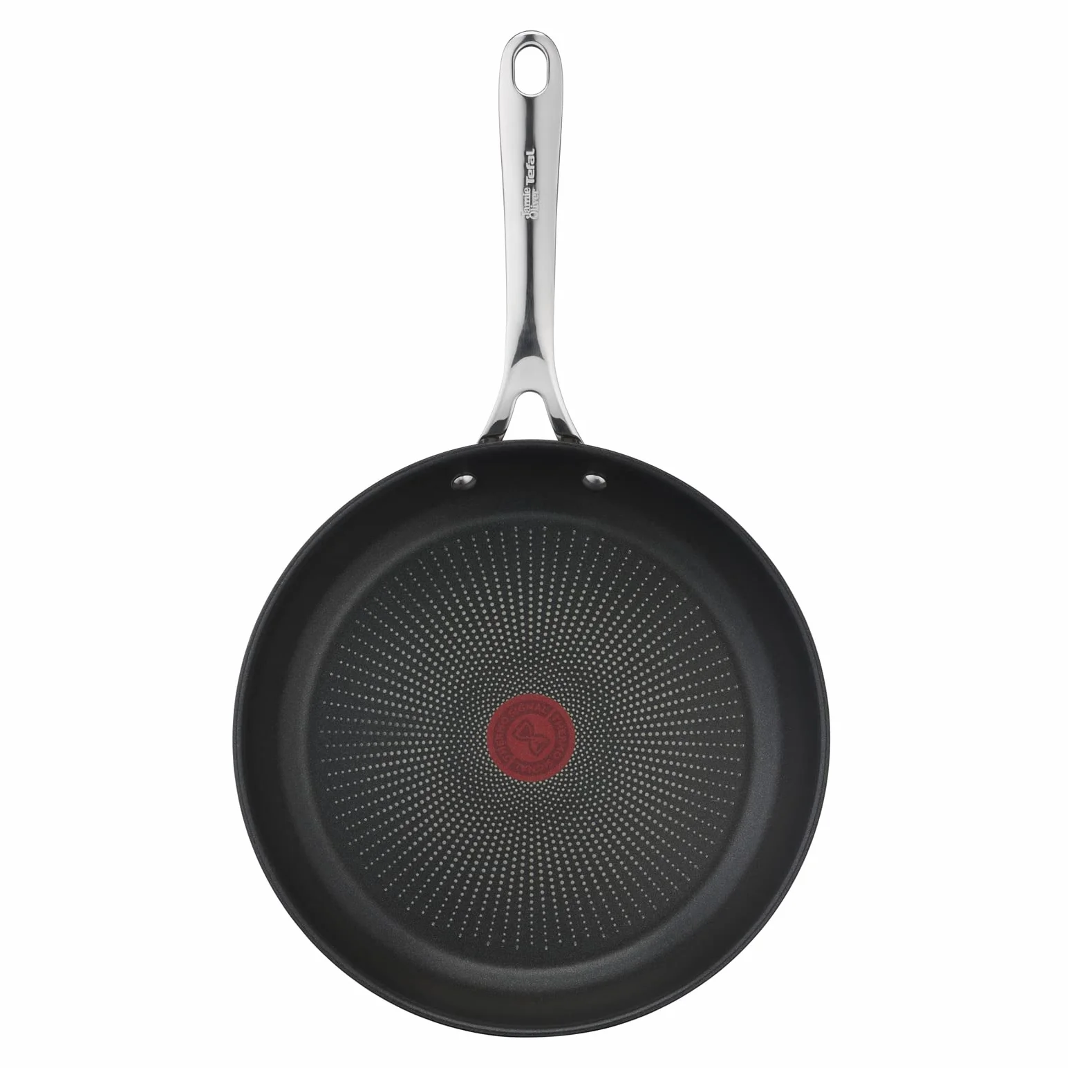 TEFAL E30406 Jamie Olivier Cooks Direct Patelnia 28 cm, stal nierdzewna, nieprzywierająca powłoka wzmocniona tytanem, wskaźnik Thermo Signal, nitowany uchwyt, do wszystkich kuchenek, srebrny/czarny